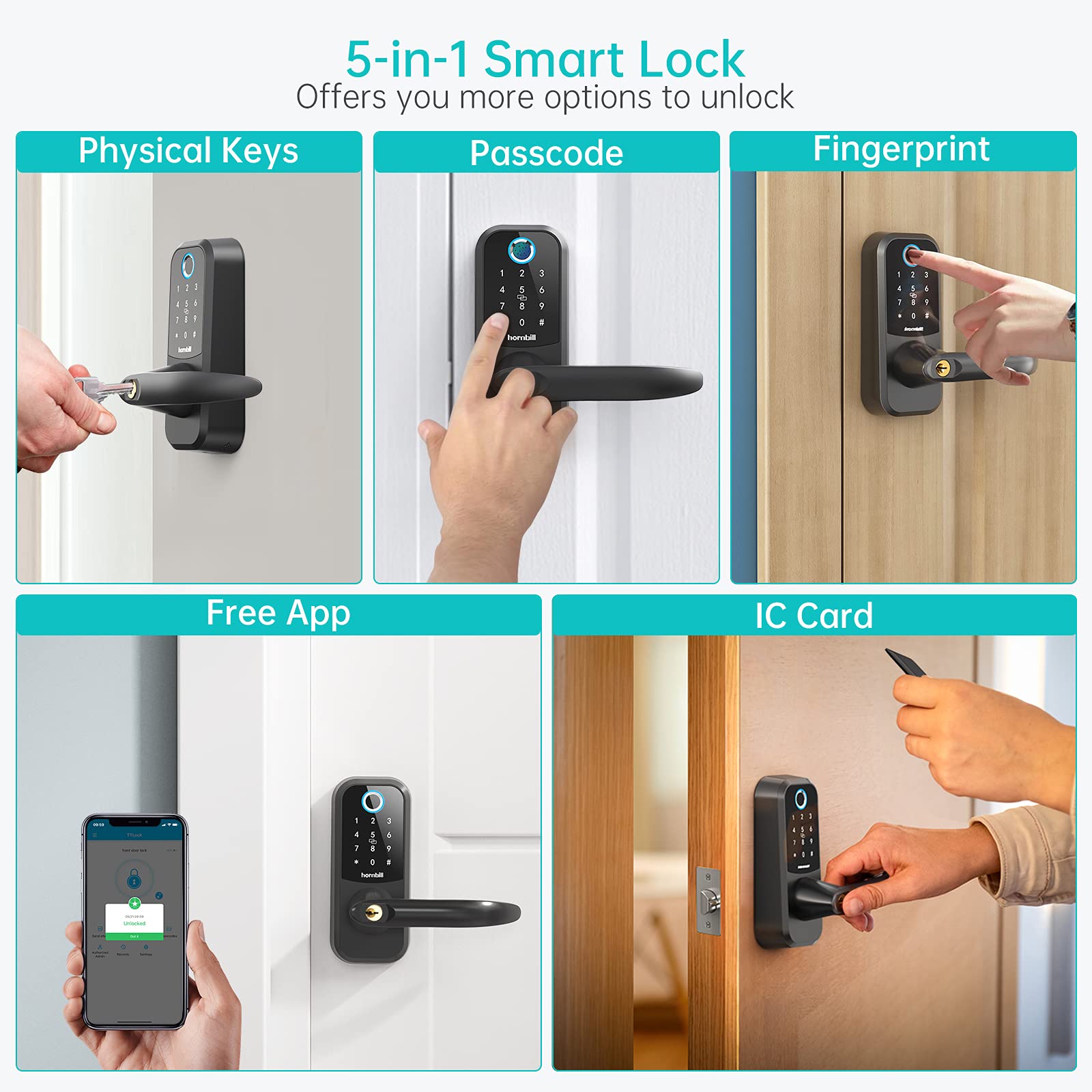 Buy Fingerprint Smart Lock Door Handle, hornbill 6in1 Keyless Entry