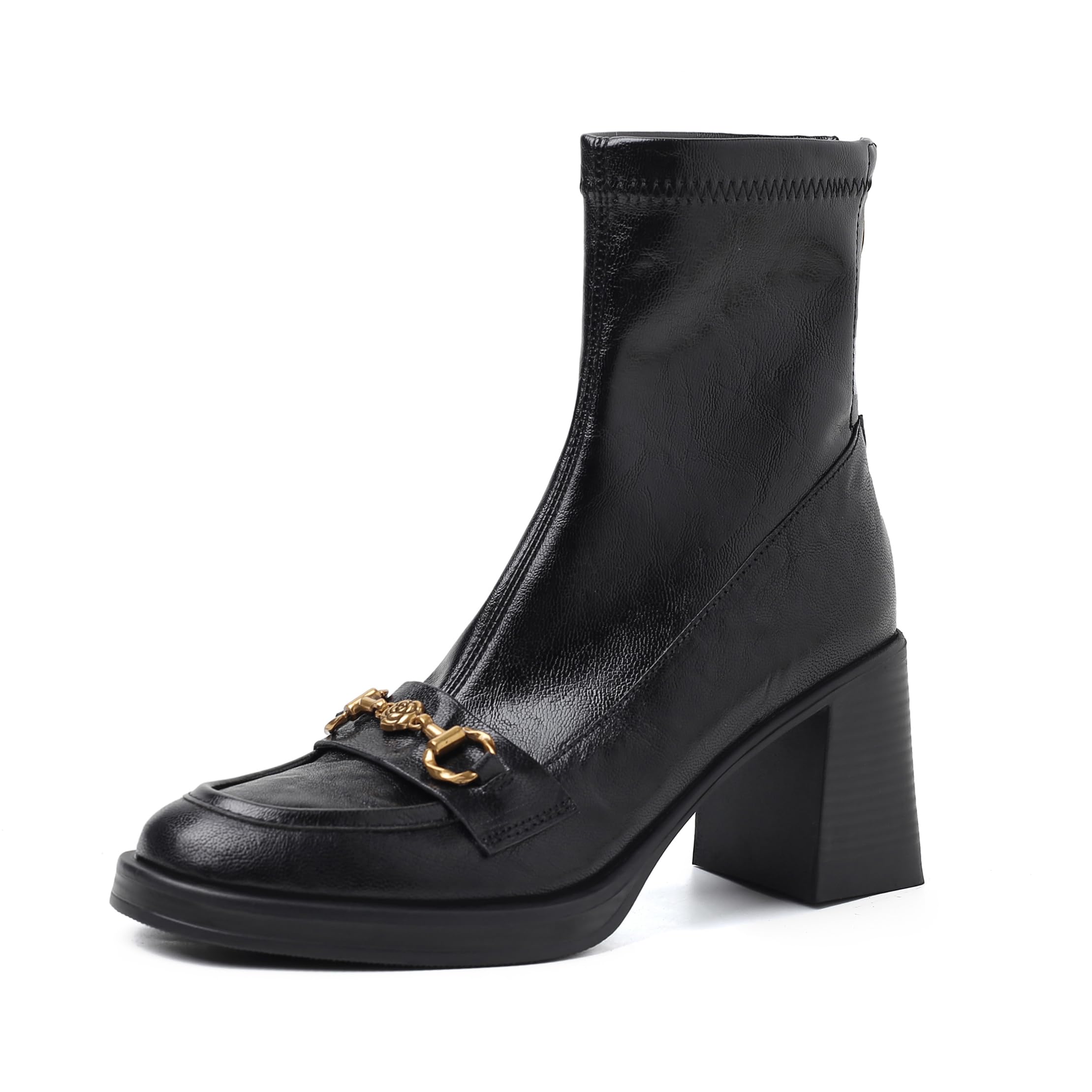 Womens Leather Ankle Boots Round Toe Block Heel 3 Inch Chunky Heel Sheepskin Upper Black and Brown
