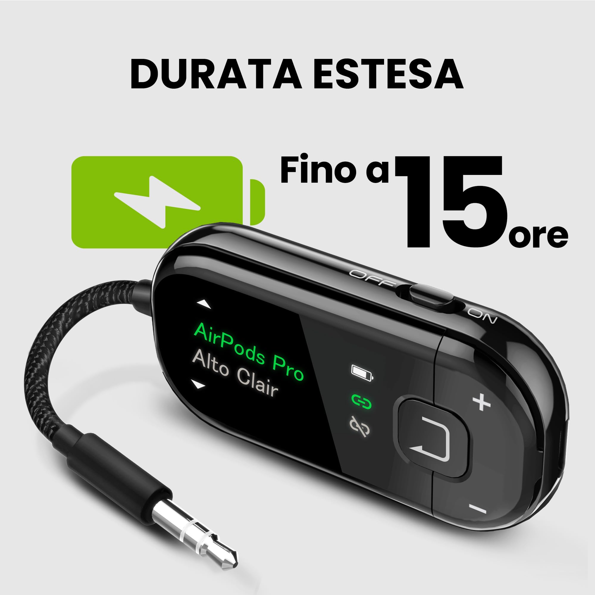 Avantree Voyager – Adattatore Bluetooth 5.4 Per Aereo Con Schermo OLED Per Cuffie E AirPods, Chipset Qualcomm, aptX Adaptive, Supporto Auracast, Trasmettitore Audio Wireless AUX 3,5 mm Per Viaggi