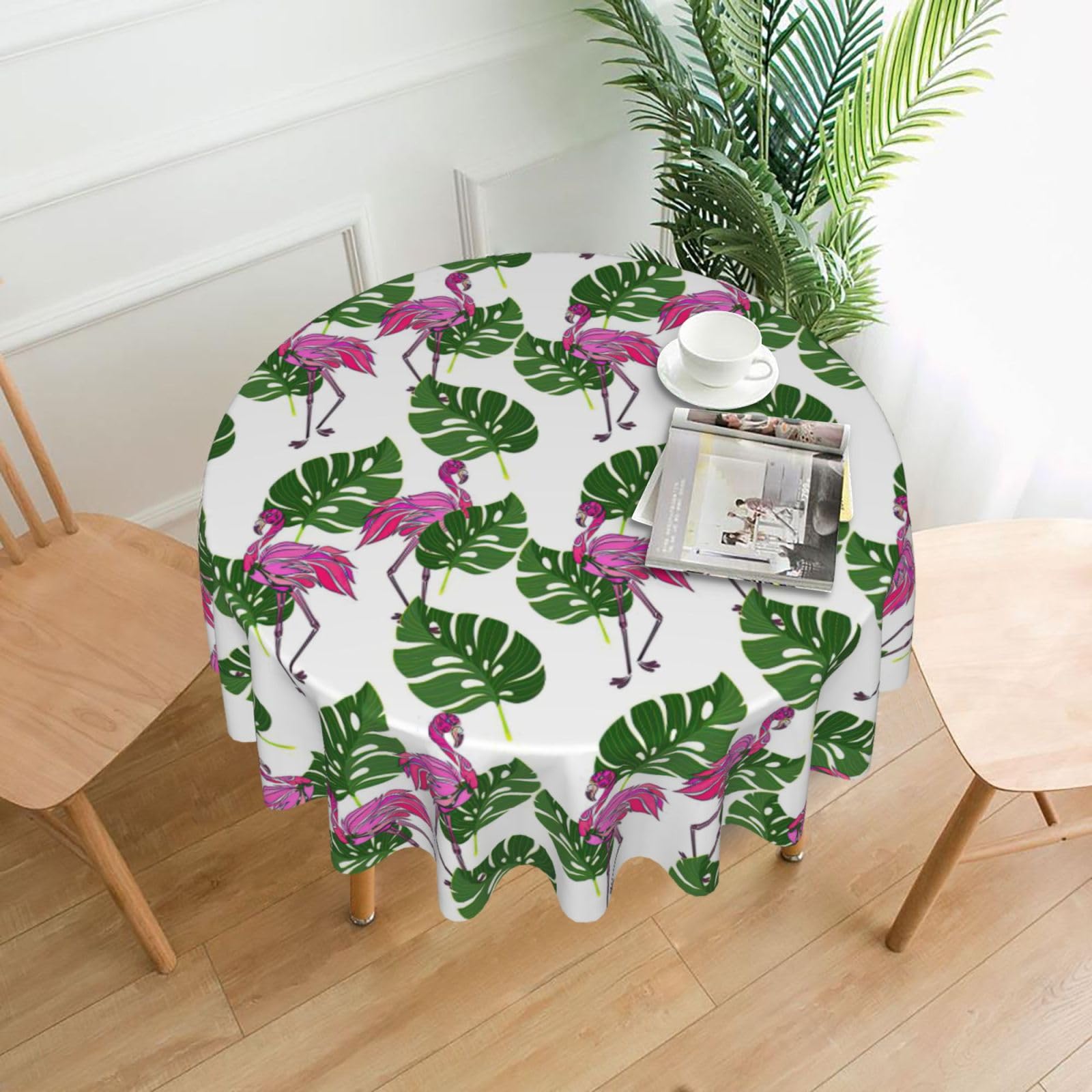 Zcmkjlg Cartoon flamingo leaves Print Quick Ship Round Tablecloth 60in Polyester Washable Cover for Dining Room