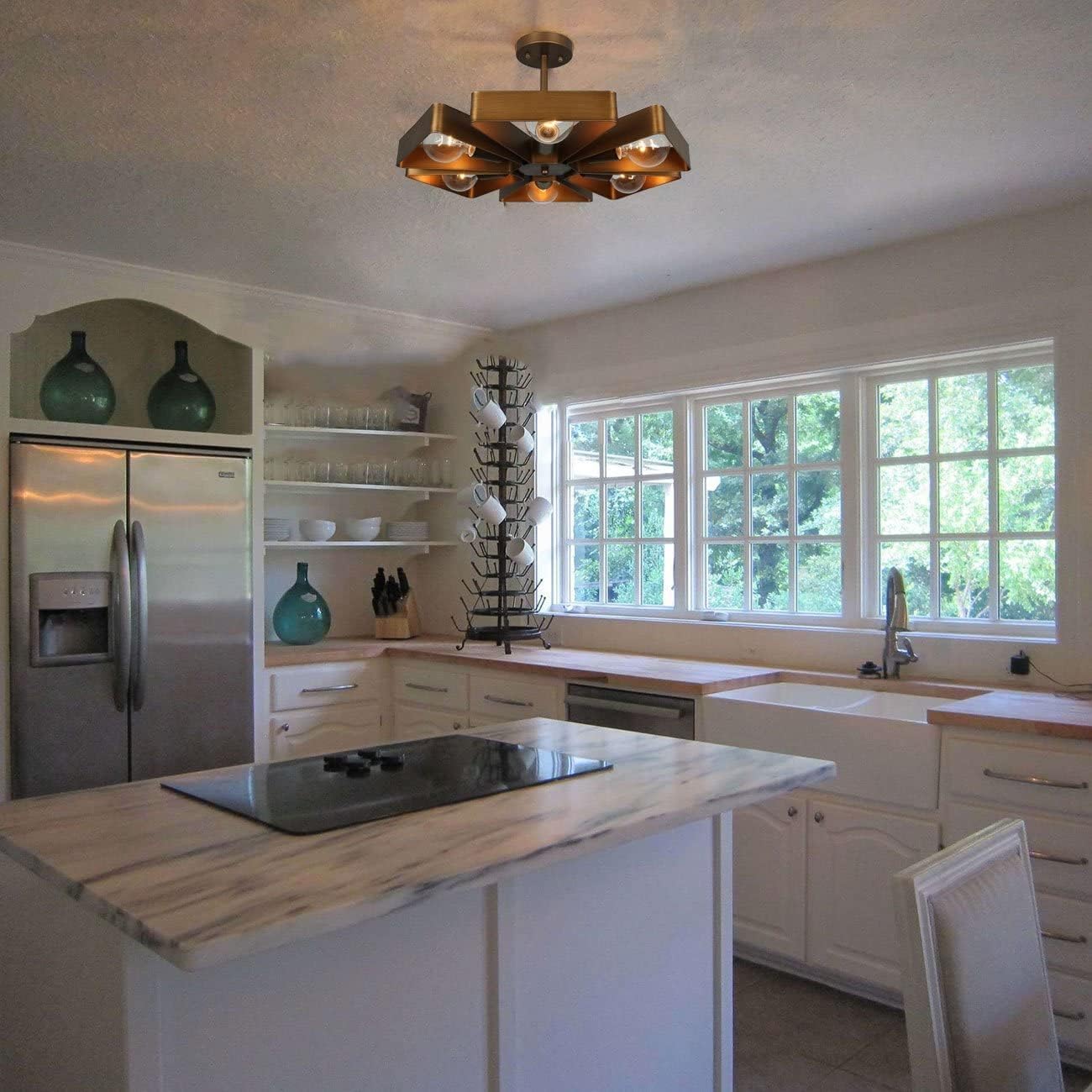 UNITARY Farmhouse Semi Flush Mount Ceiling Light Fixture, Lights for Bedroom, Copper Metal Floral Design Kitchen Light Fixtures with 6 E26 Bulb Sockets, Hallway Light Fixtures, Lamps for Living Room