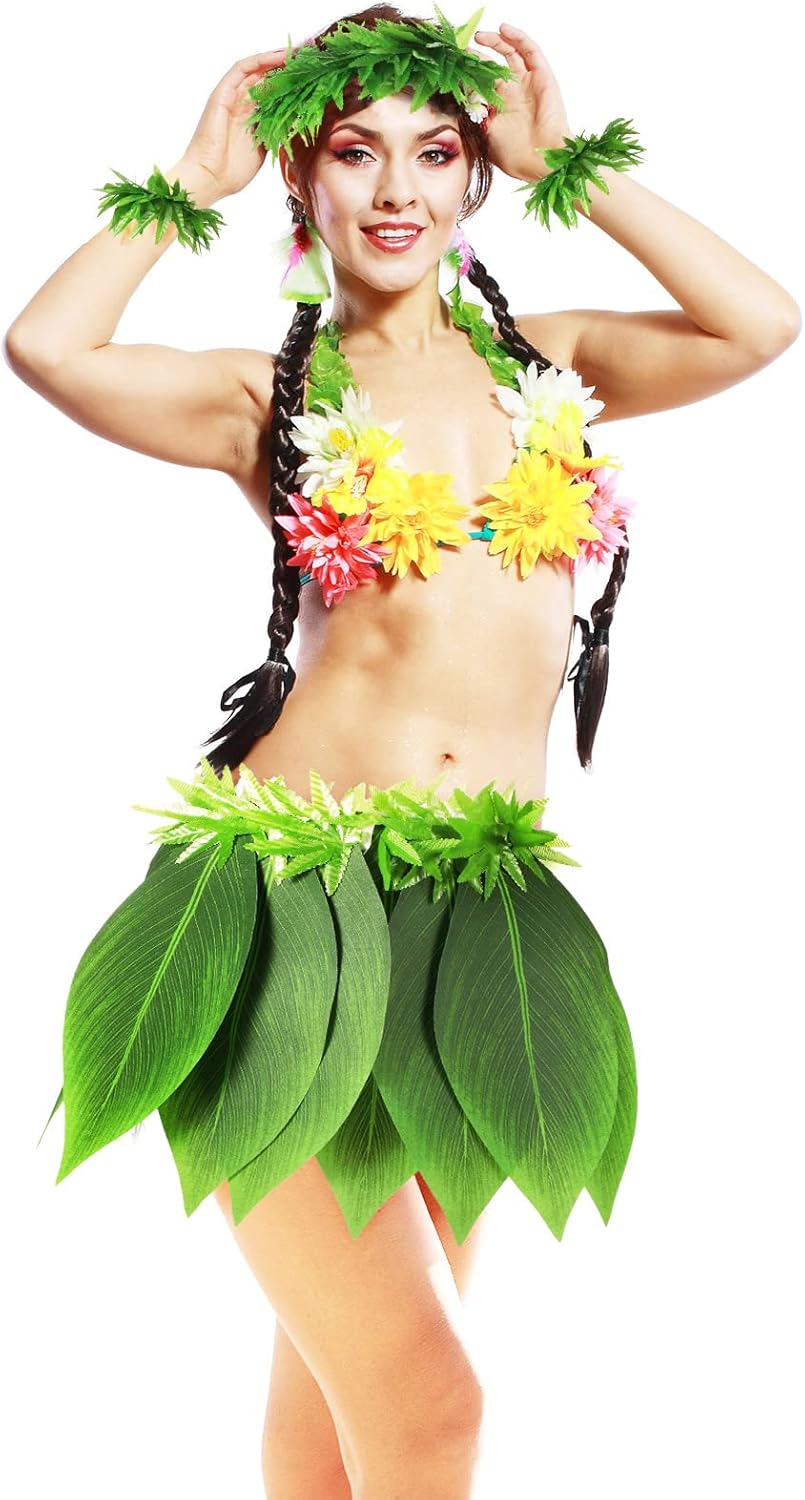 Skylety Hawaiian Leaf Hula Skirt and Leis Set Include Tropical Headband Fern Leaf Wristlet Green Grass Hula Skirt for Hawaiian Costume Halloween Luau Party Supplies for Adult Women - Image 6