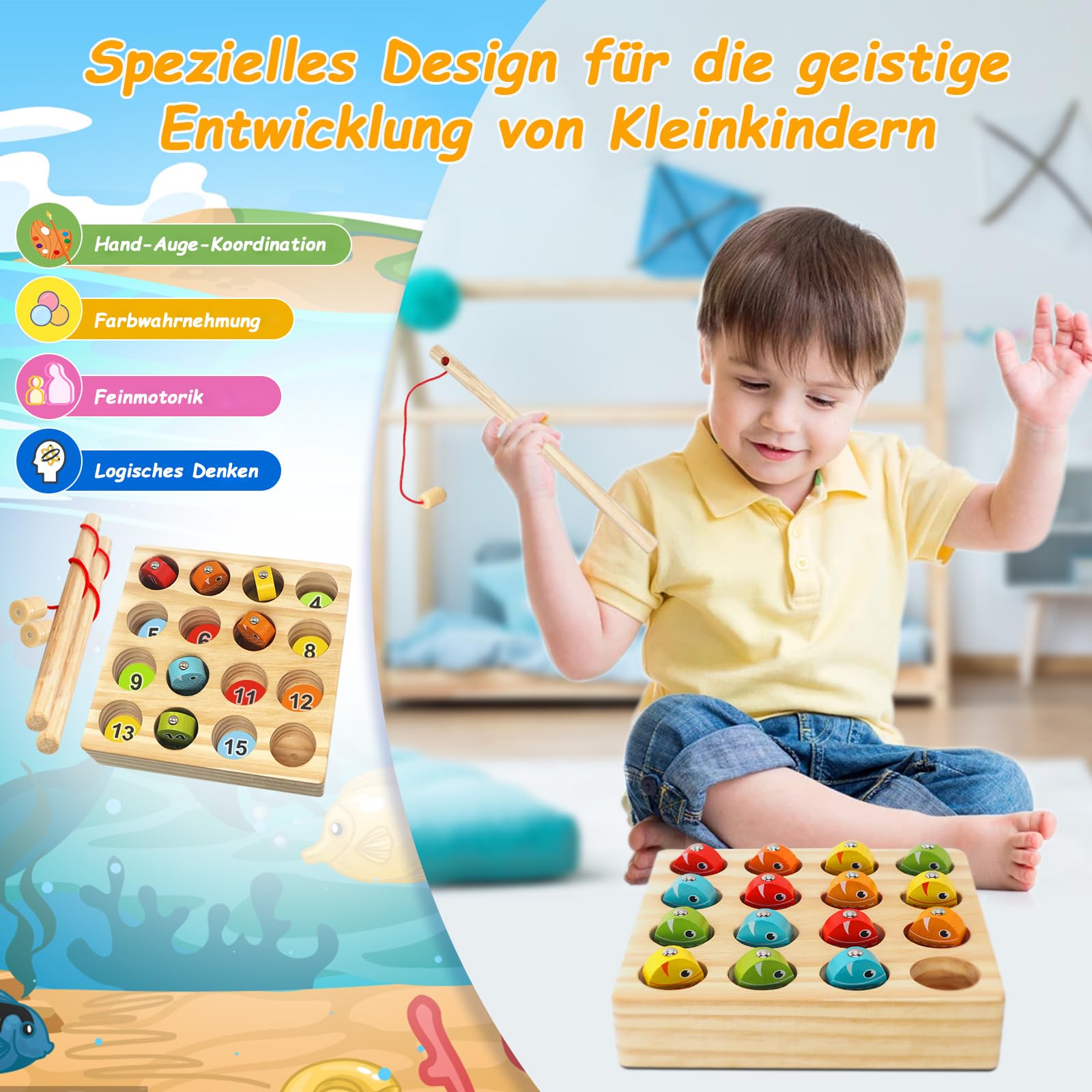 Angelspiel, Holzspielzeug, Magnetische Angelspie, Montessori Spielzeug ab 3-5 Jahre, Geschenk für3 4 5 Jahre Junge und Mädchen, Kinder Lernspiele
