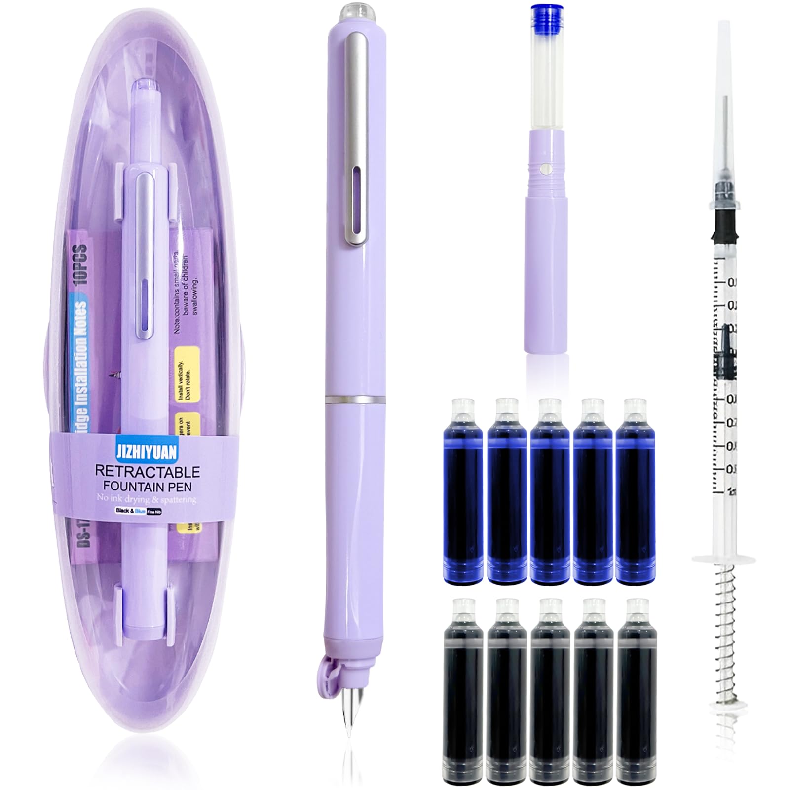 Clictek Retractable Fountain pen, Fine Nib with 10 ink cartridges (Blue & Black, ink syringe, sticky Notes） Perfect for smooth writing, Jouraling,