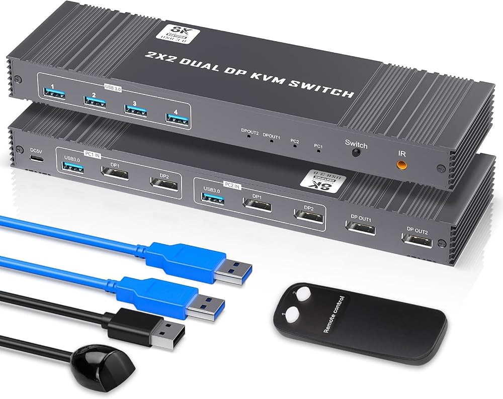 8K Displayport KVM Switch 2 Monitors 2 Computers 4K@120Hz DP KVM Switches Dual Monitor for 2 PC Sharing 2 Monitor of 1 Set Keyboard Mouse and USB Device with IR Controller — 사진 1
