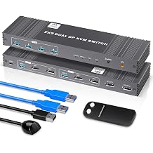 8K Displayport KVM Switch 2 Monitors 2 Computers 4K@120Hz DP KVM Switches Dual Monitor for 2 PC Sharing 2 Monitor of 1 Set Keyboard Mouse and USB Device with IR Controller