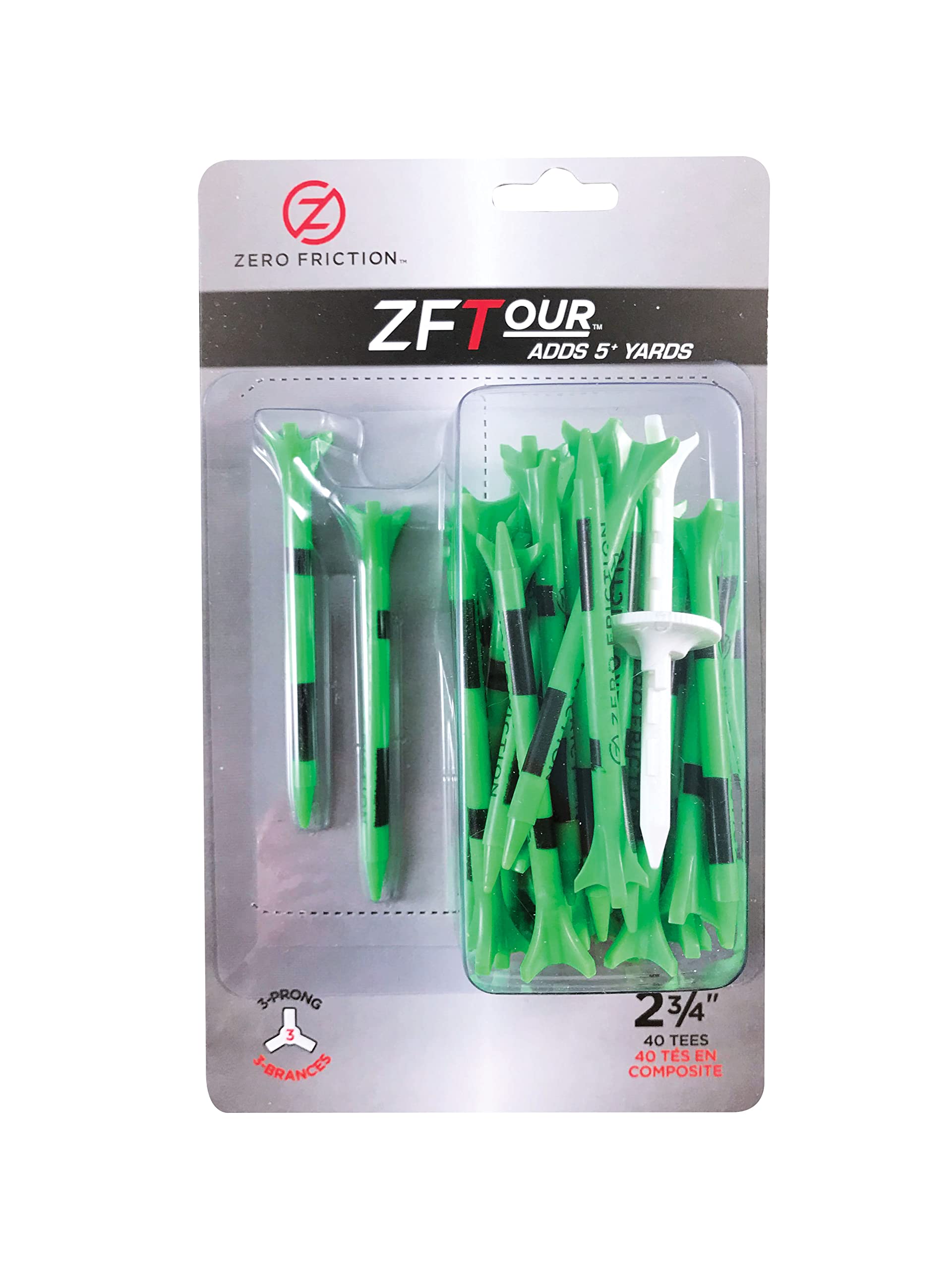 Zero Friction Tour 3-Prong Golf Tees (2-3/4 Inch, Citrus Green, Pack of 40)