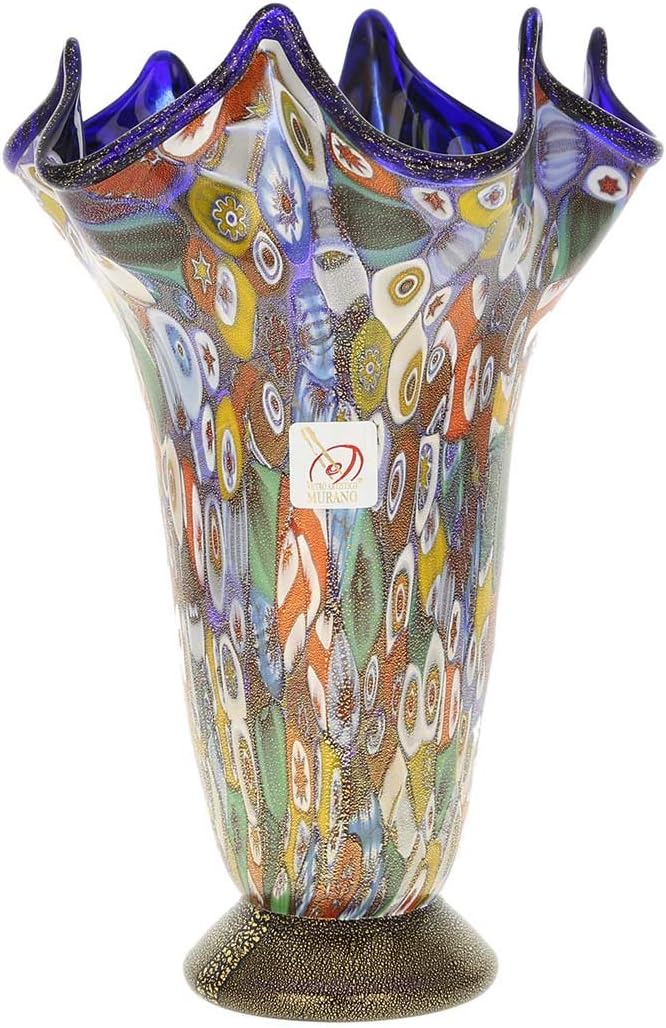 Glass Of Venice Murano Glass Millefiori Gold Fazzoletto Vase - Cobalt Blue