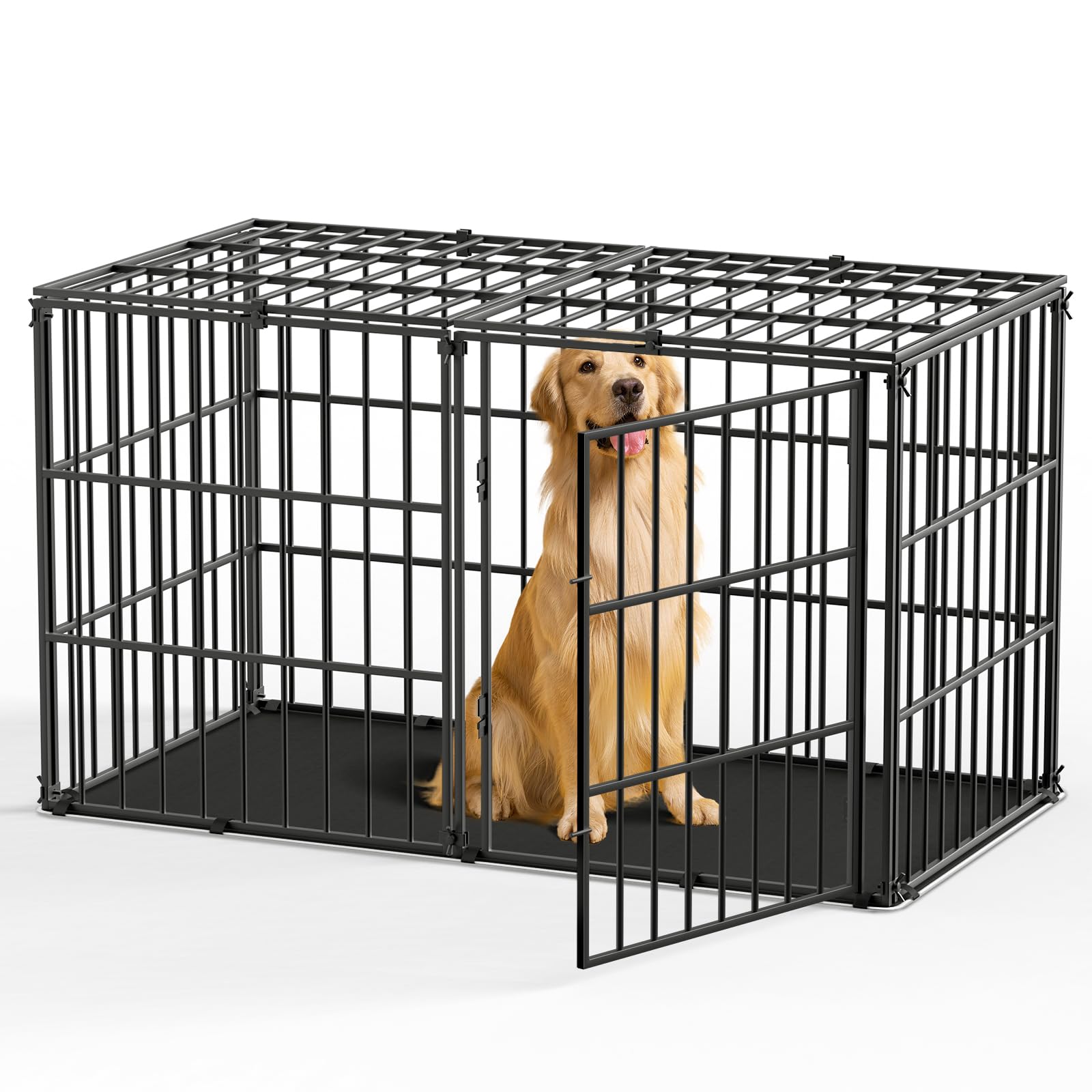 Pawaboo - Jaula para Perro, con Alfombra Impermeable, Parque de Metal Grueso, antimordeduras, con Tapa Segura, Interior, Exterior, 143,5 x 70 x 80 cm, Color Negro