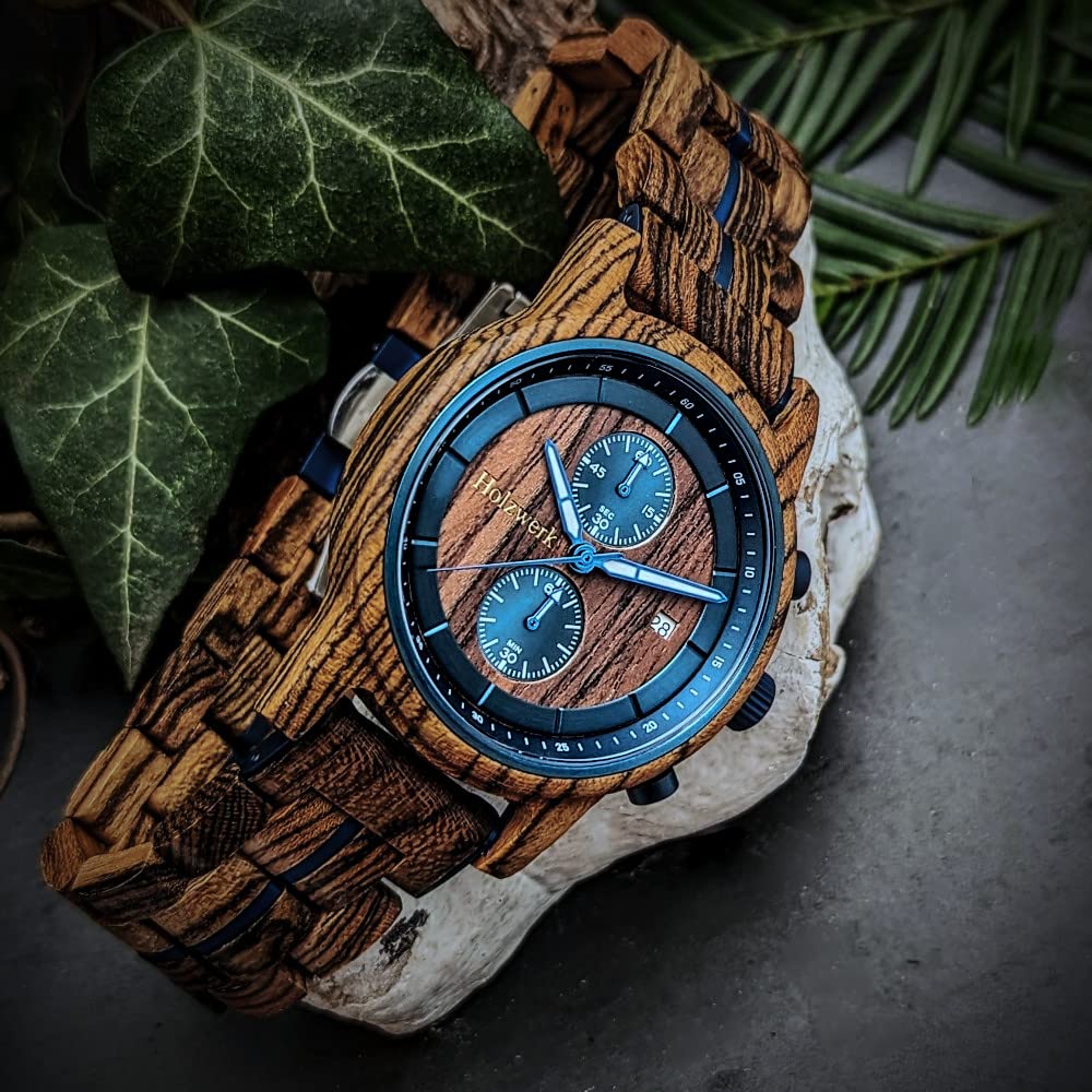 Holzwerk Germany Orologio da uomo di design, realizzato a mano, in legno naturale, cronografo, analogico, al quarzo, marrone e blu, con data, in legno, blu e marrone, Moderno