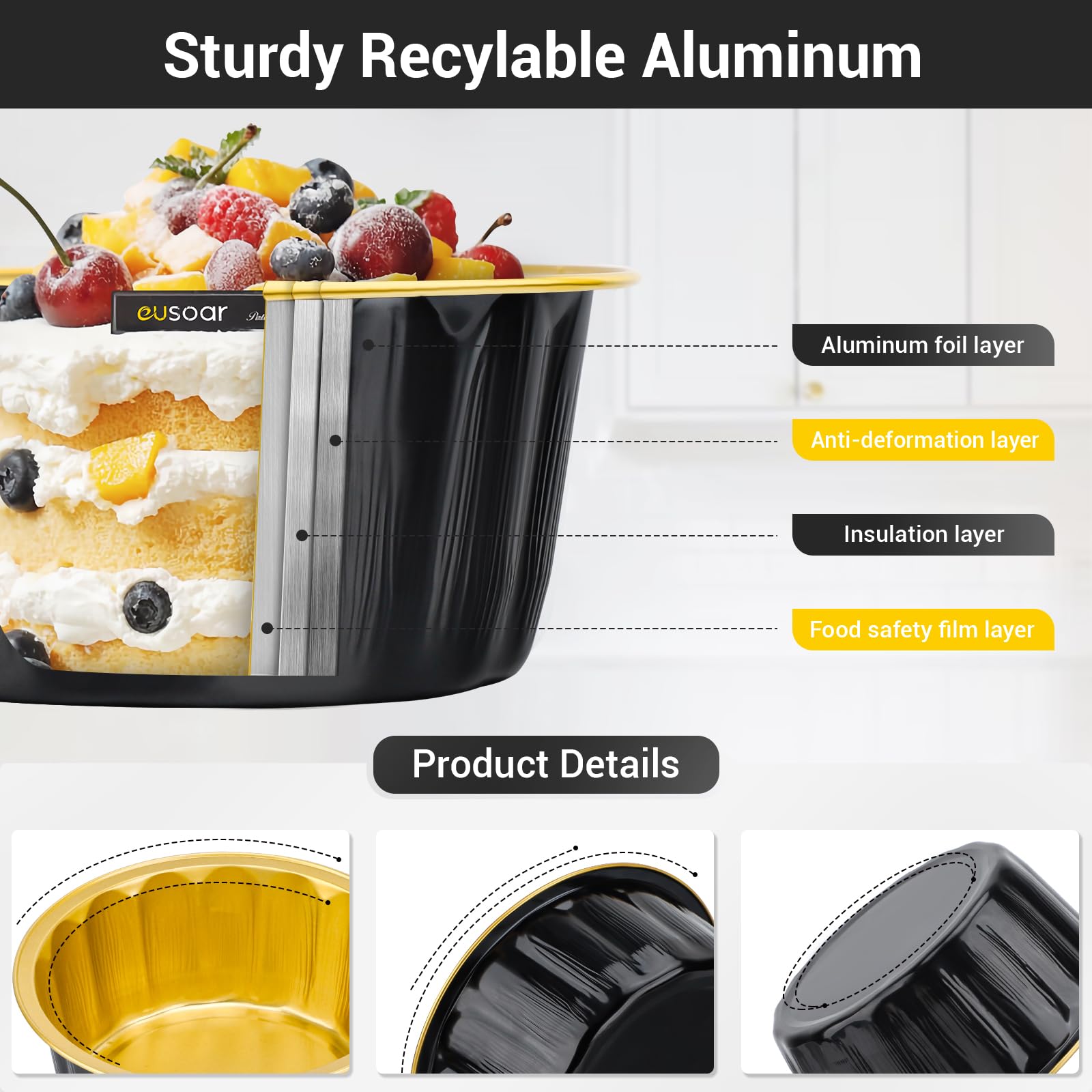 EUSOAR Ramequines desechables con tapas, color negro y dorado, 50 moldes de aluminio de 21 onzas con tapas, moldes para magdalenas, mini recipientes para pan de pastel con tapas para recuerdos de
