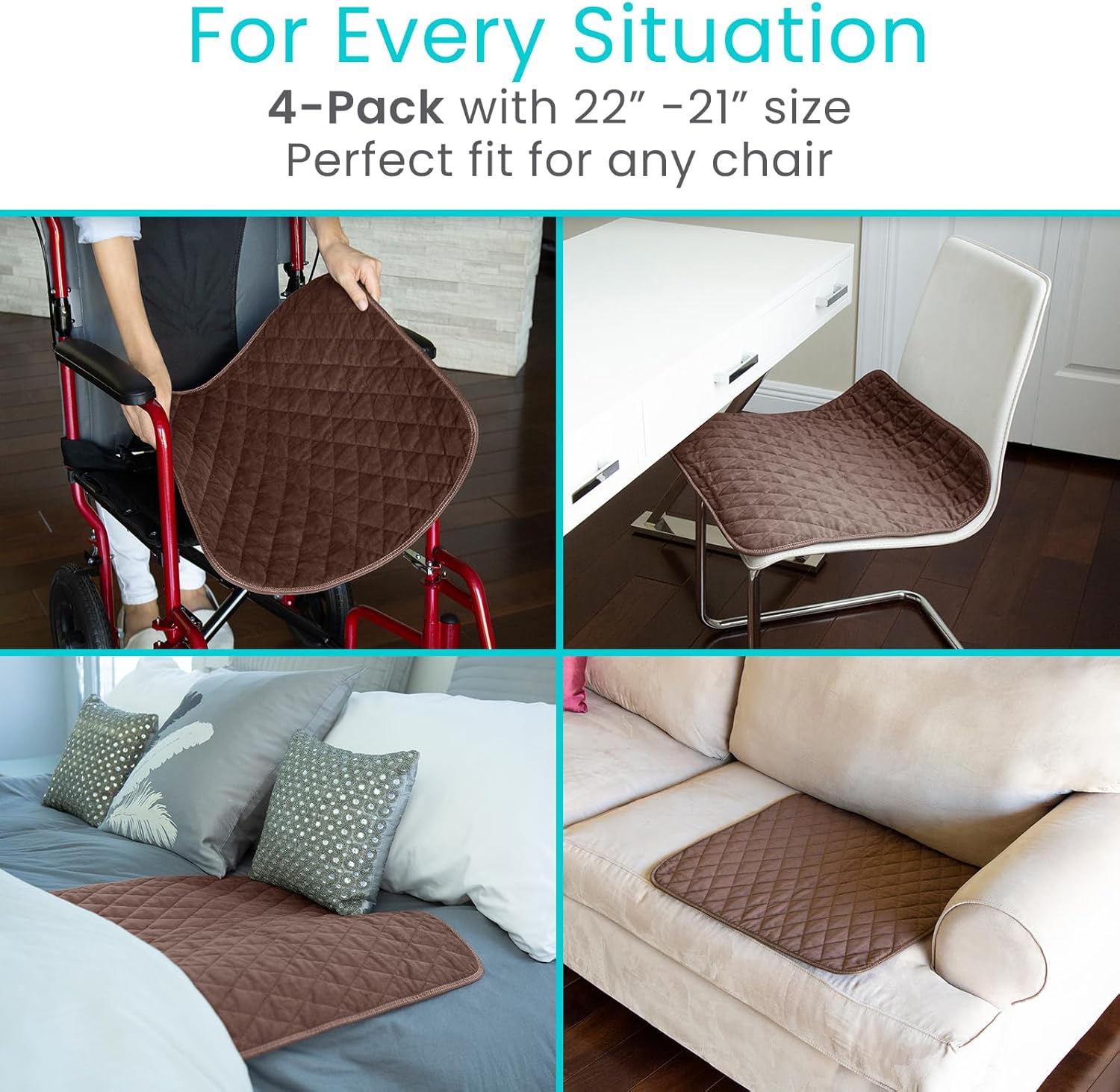 Sures Waterproof Chair Pads for Incontinence (22" x 21") - Washable Seat Protector - Chair Cover - Absorbent Pad for Bed, Seat, Car, Wheelchair & Recliner (Brown, 4 Pack)