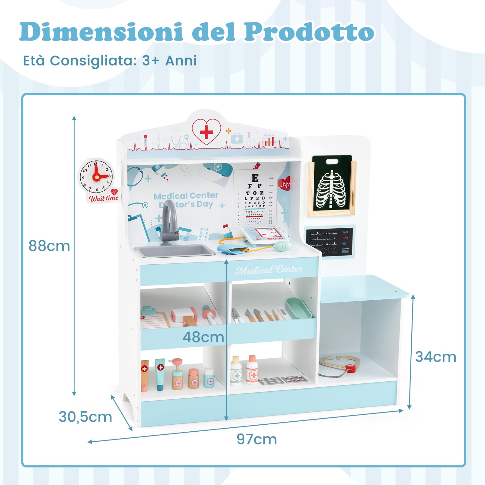 RELAX4LIFE Set da Gioco Dottore in Legno, Attrezzo Medico Giocattolo con Tetoscopio, Tabella Oculistica e Monitor ECG, Giocattolo Educativo per Bambini 3+ Anni (Blu)