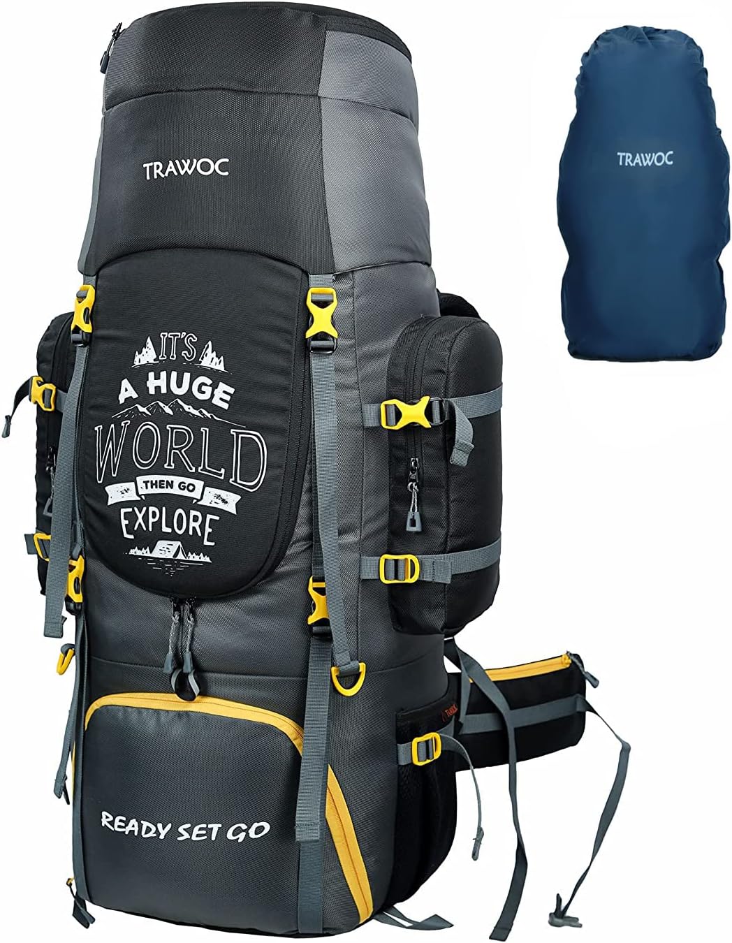 TRAWOC 80 L Camping Hiking Trekking Bag Travel Rucksack with Rain Cover/Shoe Compartment BHK004 1 Year Warranty (Grey-Black)
