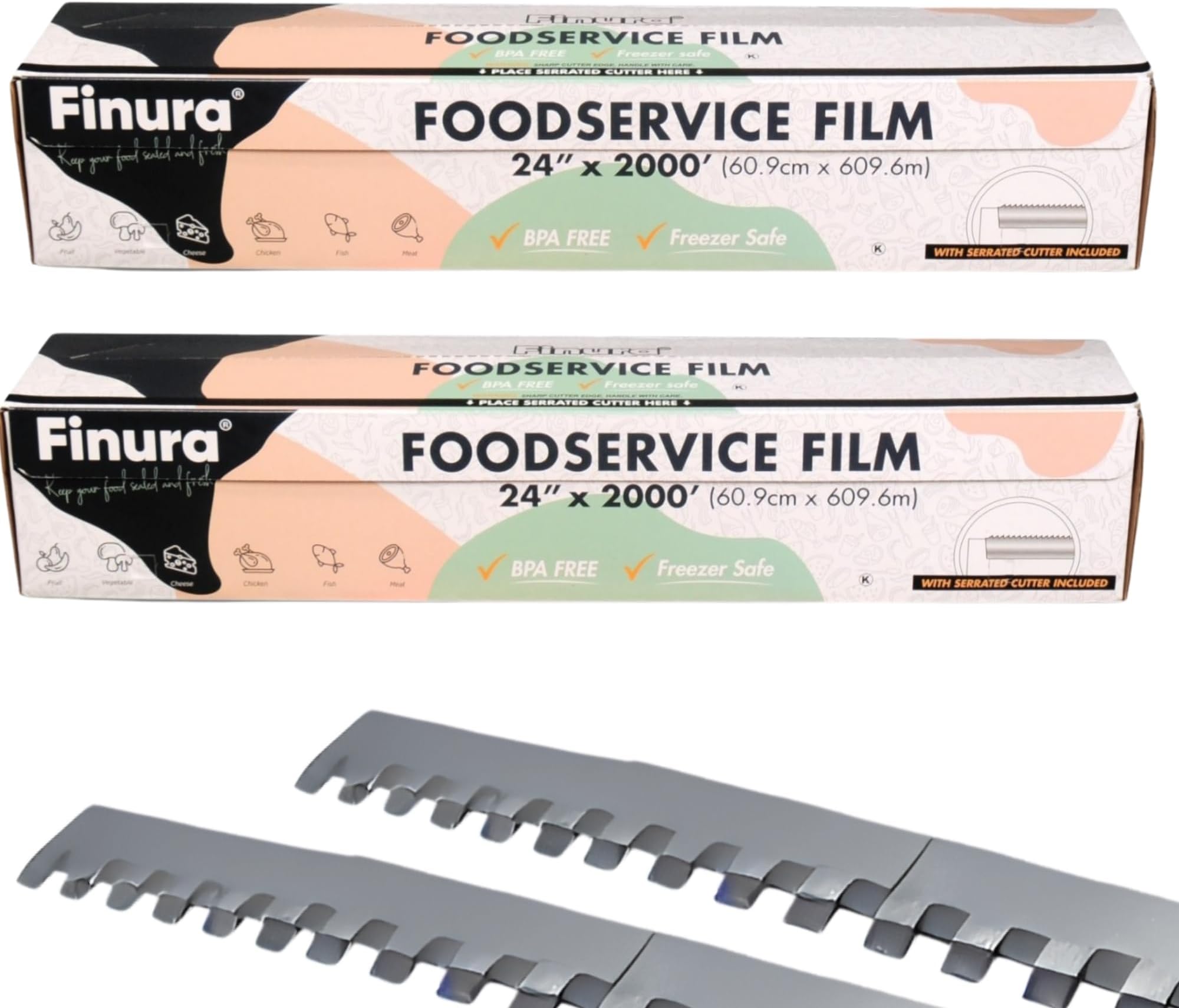 Finura Foodservice Plastic Wrap Film, Serrated Cutter, BPA Free, Antifog, Optimum Cling, Microwave and Freezer Safe, Commercial Use 8000 ft² (sq. ft.) (24 in x 2000 ft) (Pack of 2)
