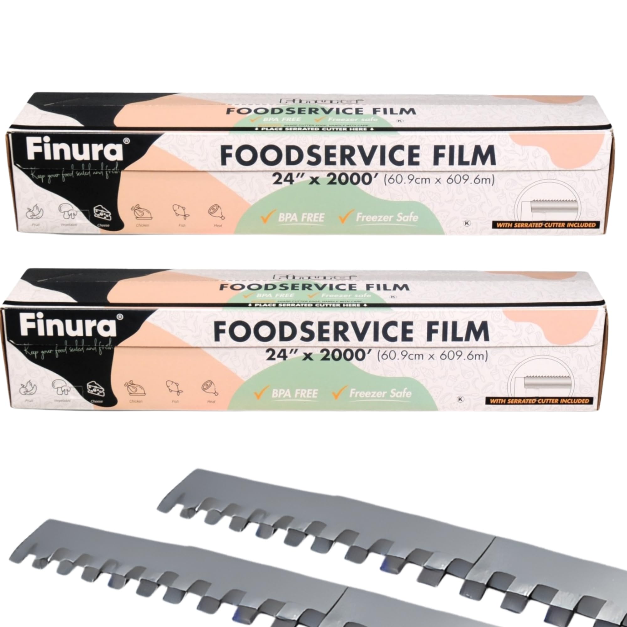 Finura Foodservice Plastic Wrap Film, Serrated Cutter, BPA Free, Antifog, Optimum Cling, Microwave and Freezer Safe, Commercial Use 8000 ft² (sq. ft.) (24 in x 2000 ft) (Pack of 2)