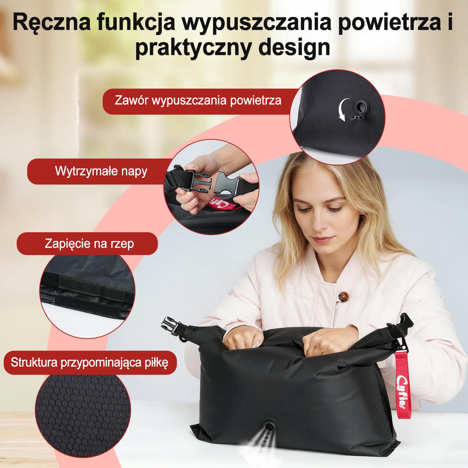 CYFIE Podróżny worek próżniowy na ubrania, 62 x 49 x 15 cm, 25 l, wielokrotnego użytku, worek na pranie, podróżny worek na pranie, torba kompresyjna, nylon 70D + TPU, składany, do pływania, fitnessu