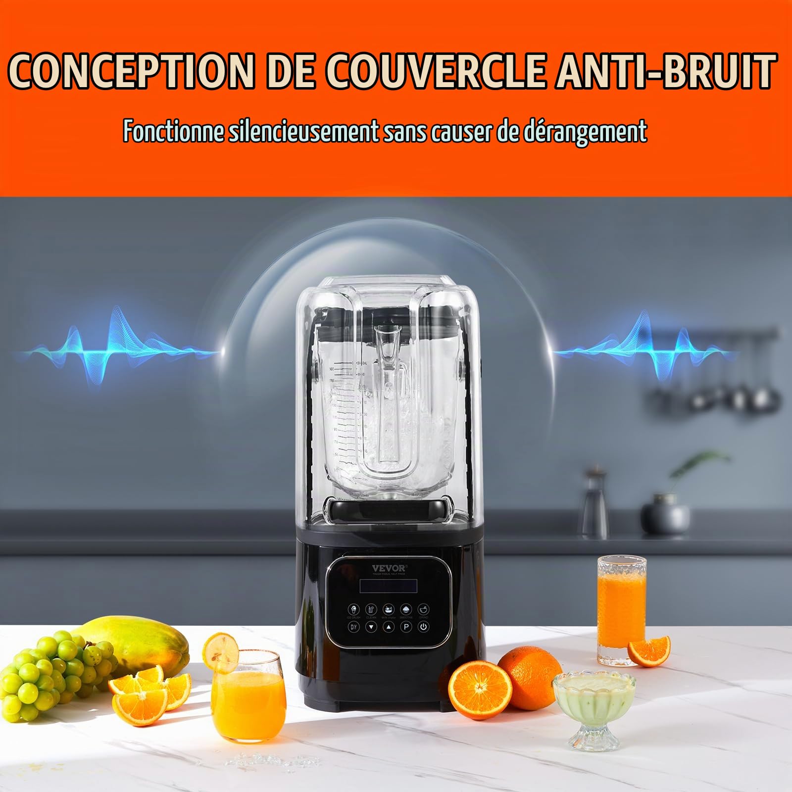 VEVOR Mixeur Professionnel 2 L, Blender Électrique de Comptoir, Mélangeur Multifonctionnel avec Bouclier et Bol en Plastique, 9 Vitesses et 5 Fonctions, pour Boissons Glacées Milk-shakes Smoothies