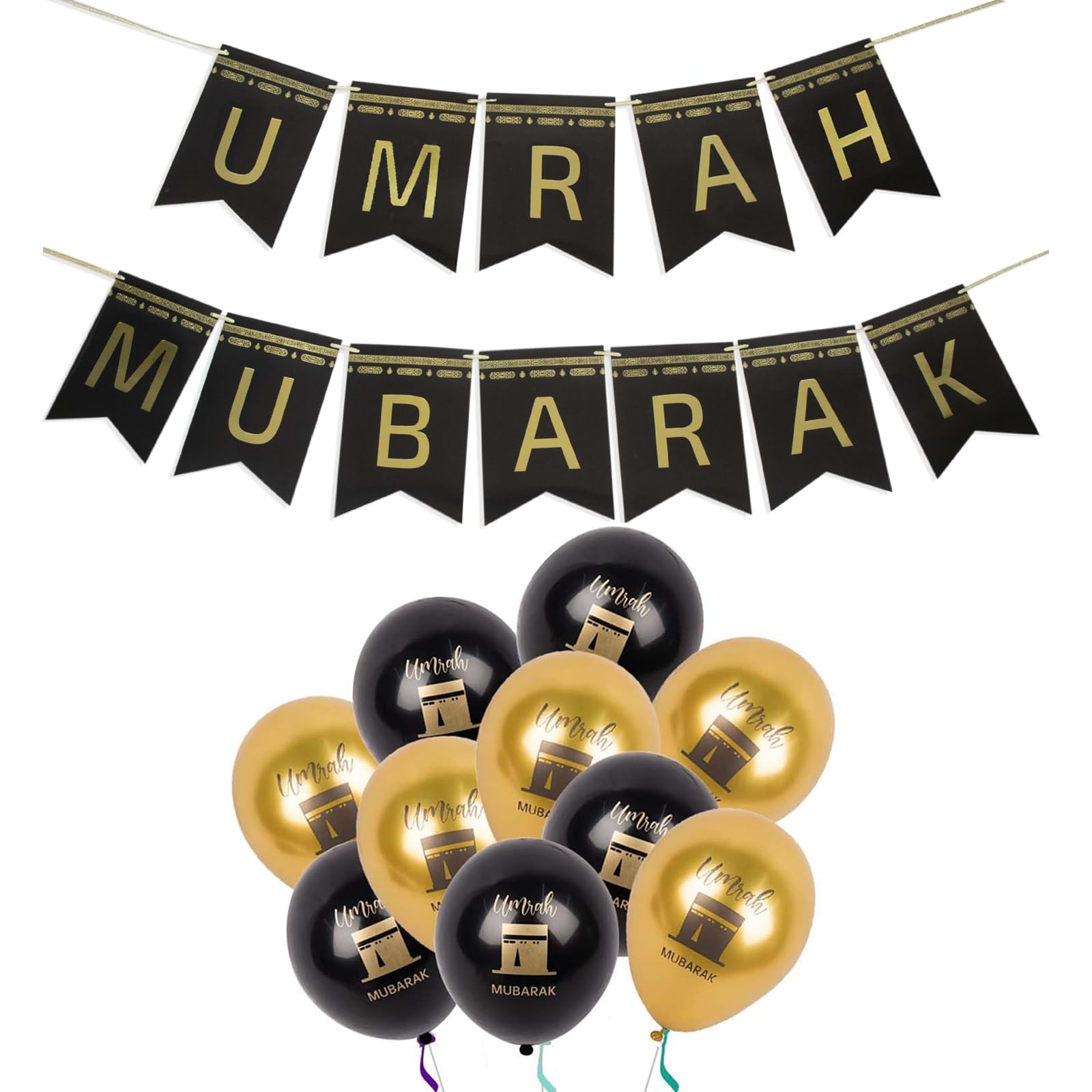 11PCS Umrah Mubarak Decoration Banner - Graduation Party With Black Gold White Balloons, Black, Gold