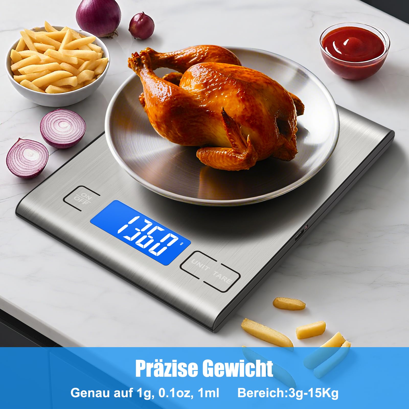 Diyife 15kg Küchenwaage Wiederaufladbar Lebensmittelwaage für Kochen Backen | 304 Edelstahl Küchenwaage Digital, Digitalwaage Briefwaage mit LED-Display &Tara Funktion, Batterien und Typ-C Aufladen