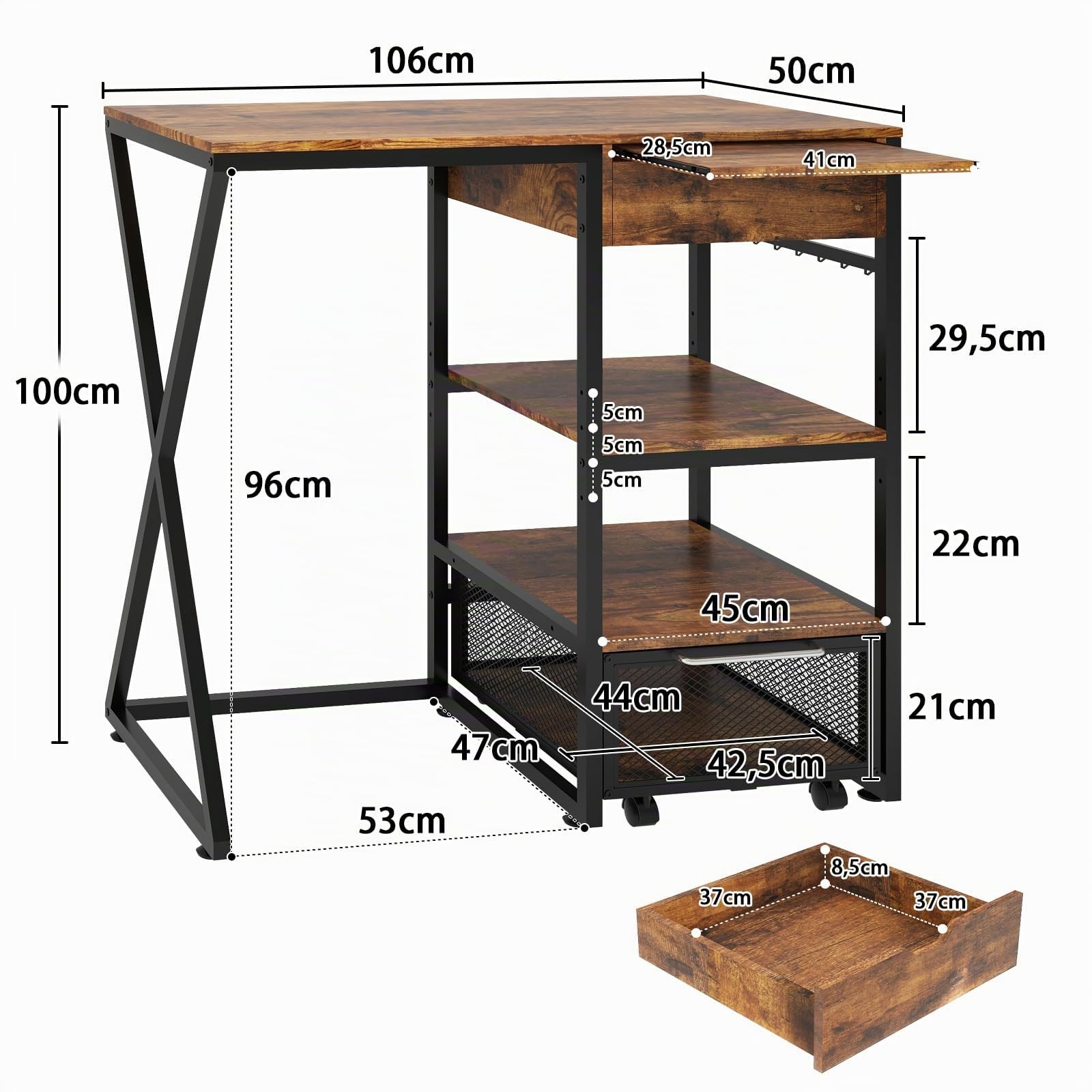 PUNCIA Estantería 4 Niveles Isla Cocina para Mini Nevera Bar Móvil de Café | Organizador Oficina Estantes para Nevera Pequeña Microondas con Cajón Cesta Metálica Carrito Almacenaje con 7 Ganchos Retro