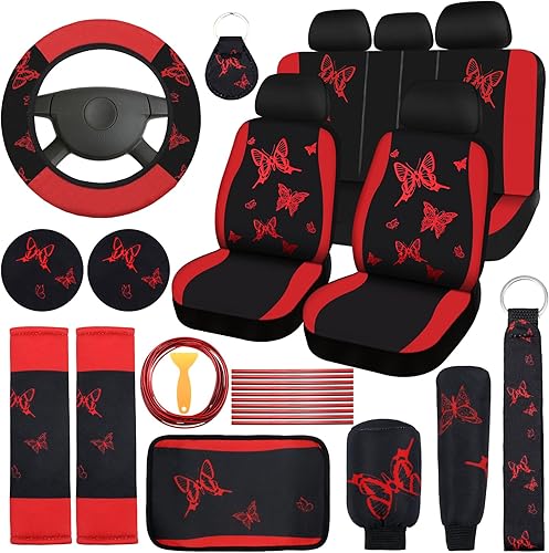 Miniatura 1 de BBTO Juego completo de 43 piezas de asiento de automóvil de mariposa para mujer, 5 fundas de asiento delantero y trasero, correa de muñeca, 2