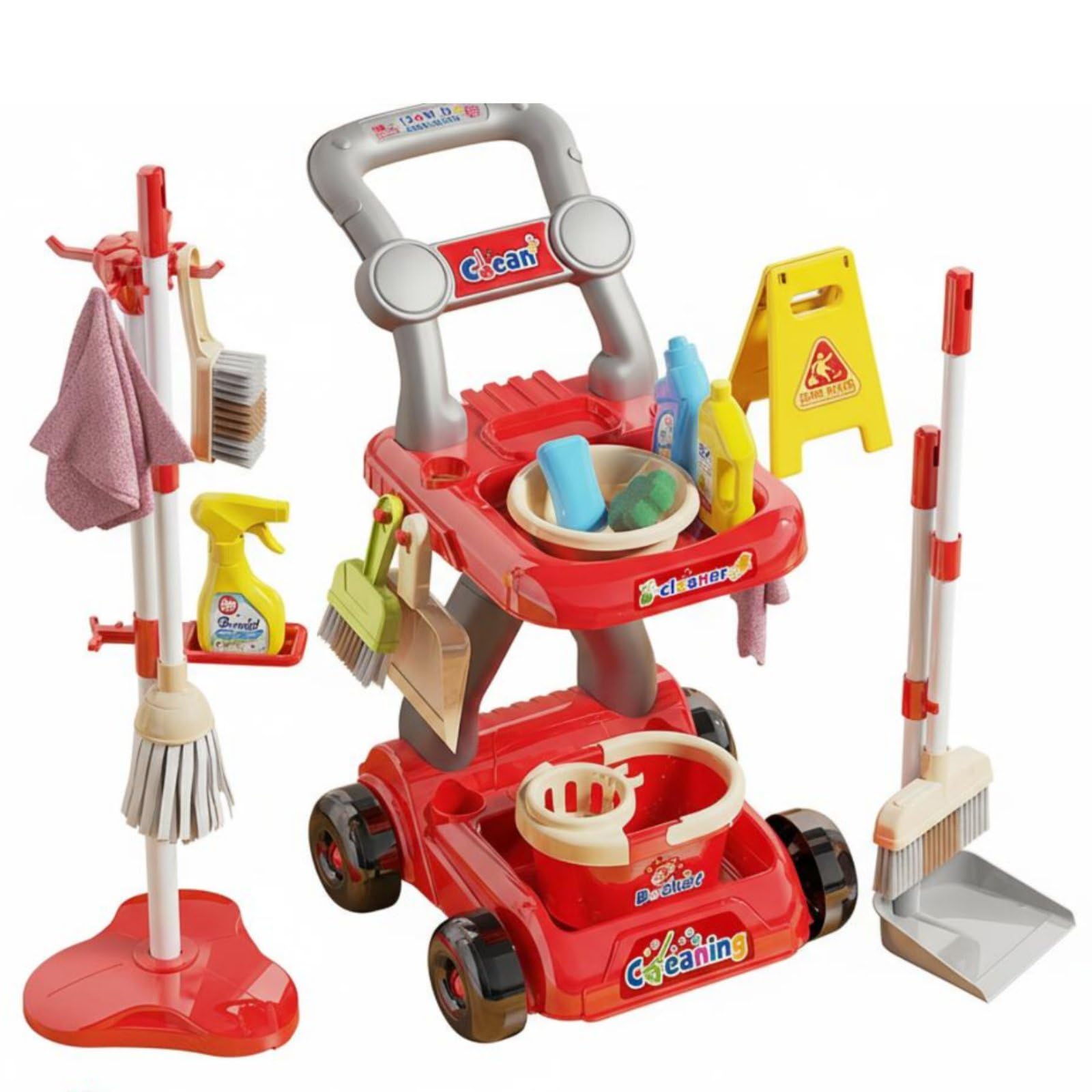 MagiDeal Children Cleaning Playset Kit de Limpieza Juguete de Hogar Escoba Trapeador Recogedor Plástico Educativo con Soporte Ordenado Fomenta Responsabilidad , Rojo , Set Trolley 18PCS