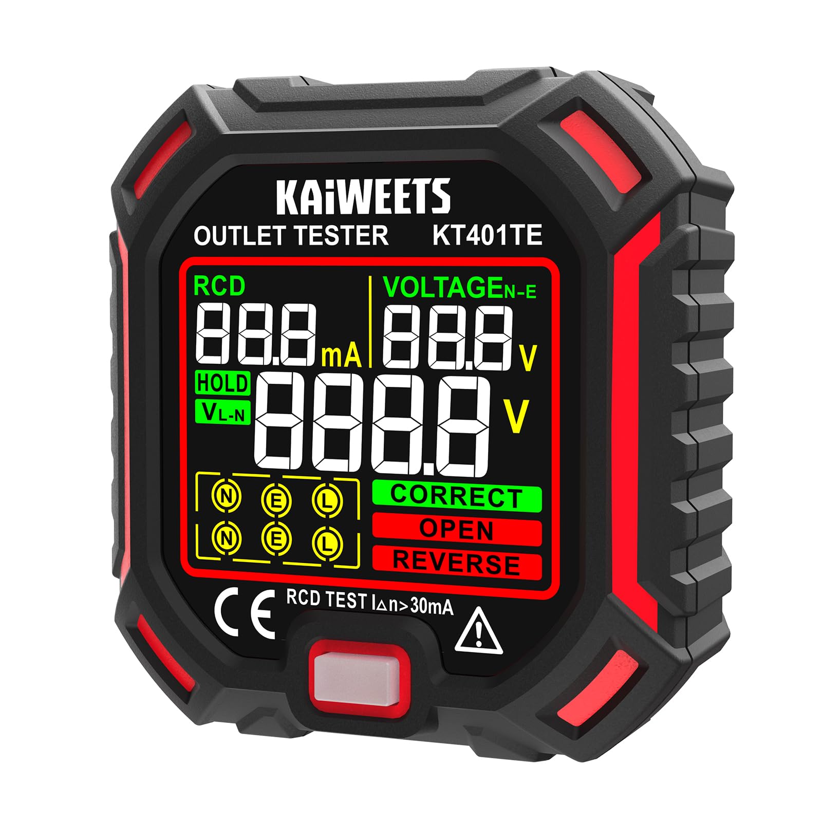 KAIWEETS Tester per prese con test RCD e display LCD della tensione, indicatore di tensione, 7 test di cablaggio, misurazione della tensione di dispersione, tester per prese 200-250 V, CAT II 300 V