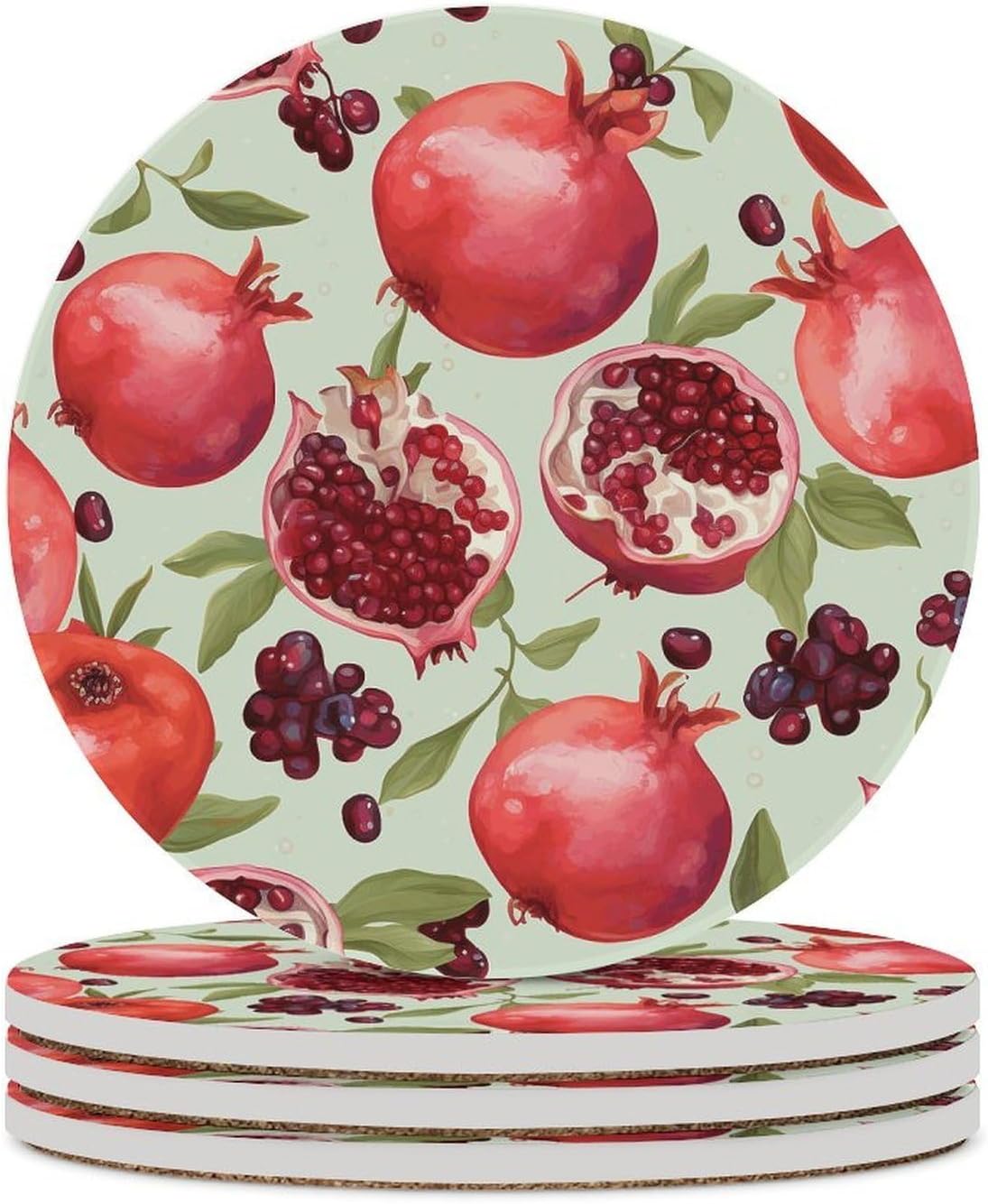 Pomegranate Pattern Coasters Round Coasters Set Ceramic Stone Coaster with Cork Base Coffee Cup Beverage Cup Mat Cute Funny Table Drinks Coaster for Mugs and Cups Office Kitchen