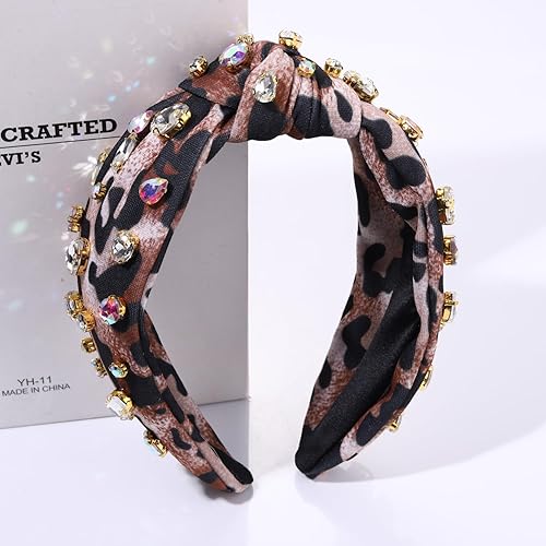 Miniatura 5 de NVENF Diadema de leopardo para mujer, diadema con diamantes de imitación y perlas, diadema de guepardo adornada, diadema bohemia con nudo superior,