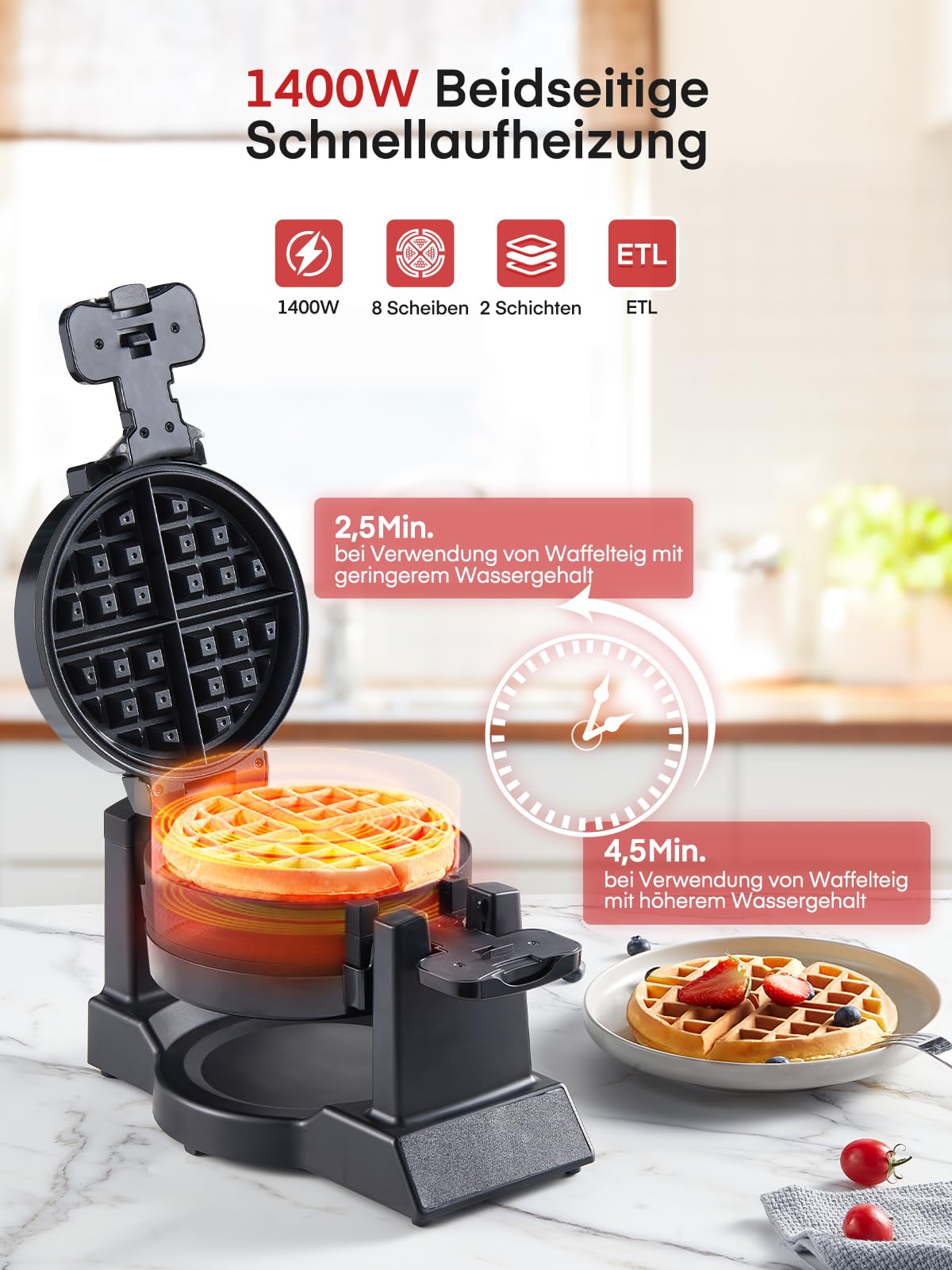 Waffeleisen 1400W Doppeltes Belgisches Waffeleisen 180° Drehung, 8 Scheiben in 3 Min., Antihaft-Platten, Anti-Verbrennungsschutz, Abnehmbare Auffangschale Einfach zu Reinigen, Waffle Maker
