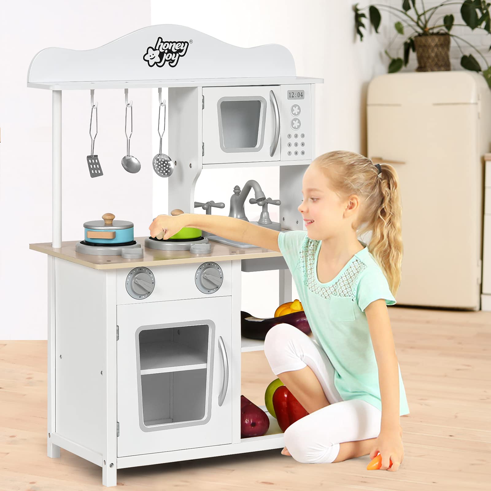 COSTWAY Cocina Juguete, Cocinita de Madera Infantil con Fregadero, Horno, Microondas, Gogones, Ollas, Cozinha Criança para Niños y Niñas 3+ Años, 60x30x83 cm
