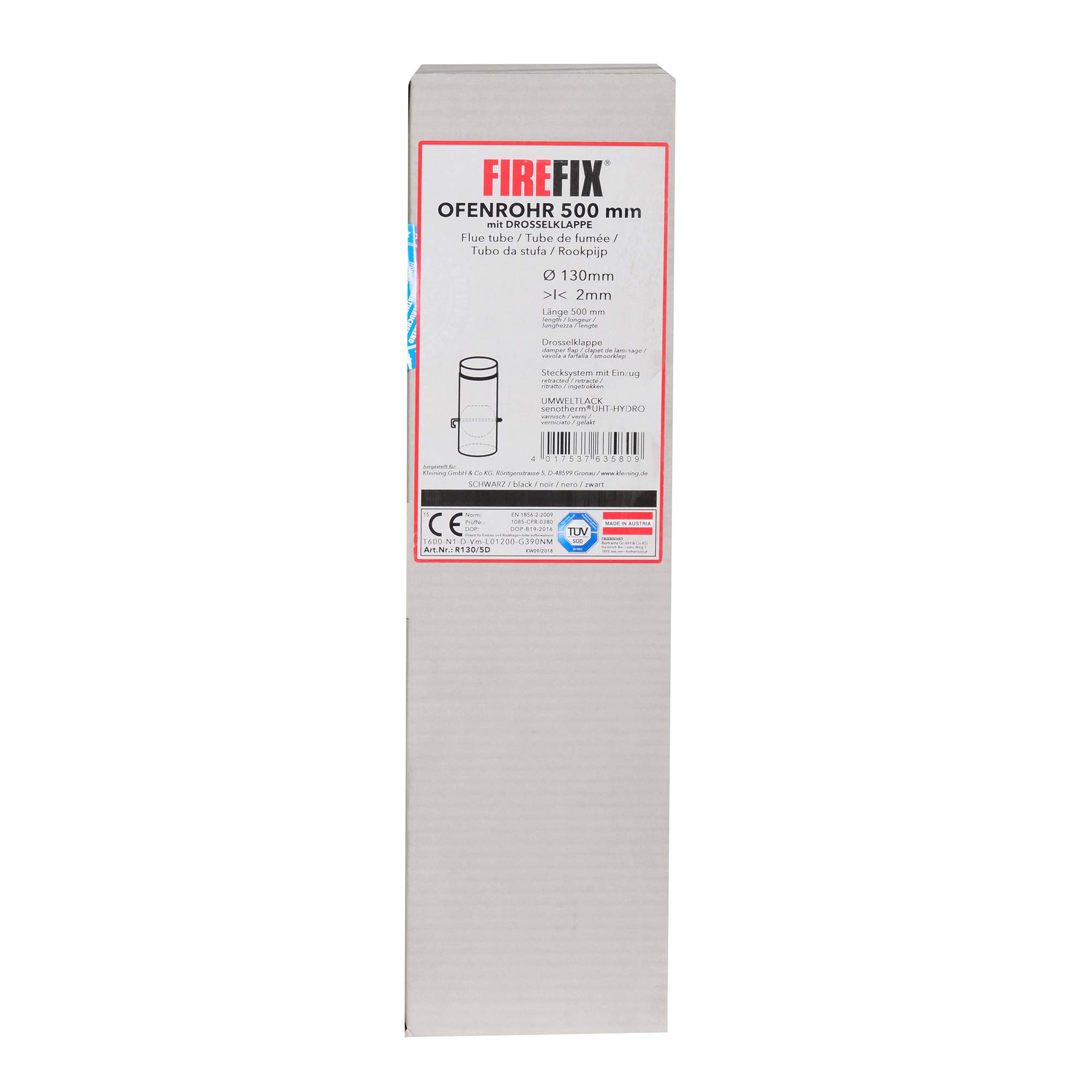 FIREFIX Tubo per stufa R130/5D, in acciaio spesso 2 mm, diametro 130 mm, per stufe e focolari, Senotherm, nero, lunghezza 500 mm, con lembo di regolazione
