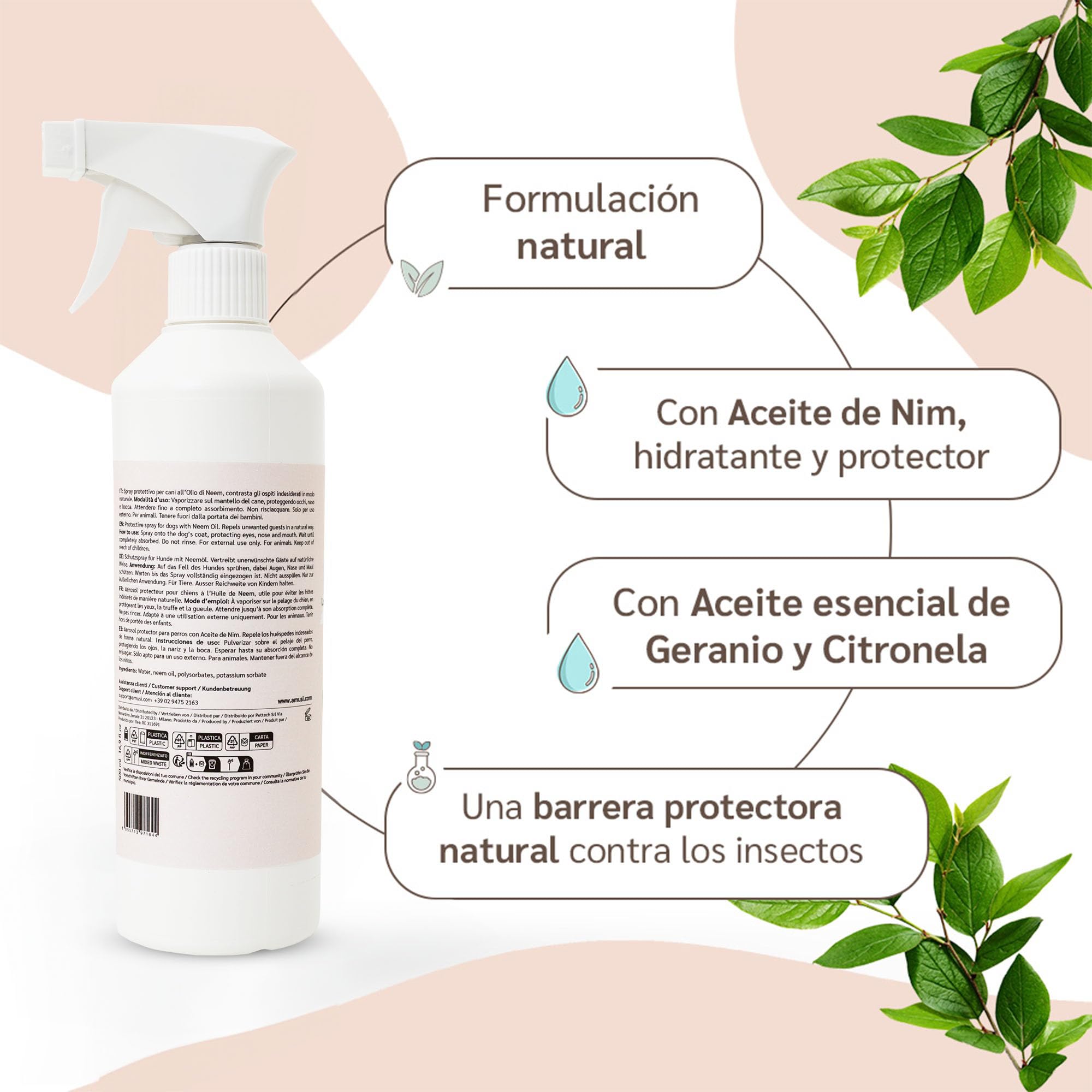 amusi Aceite de Neem para Perros - 500 ml - Anti Insectos - Spray Antipulgas Perros - contra Garrapatas Pulgas Mosquitos Moscas Ácaros Piojos - Anti Pulgas