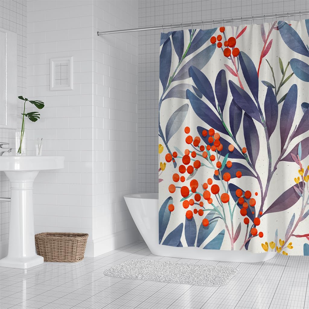 Duschvorhang 240x200 mit Pflanzenmotiven In Rot, Dunkelblau und Lila, Botanisch Weißer Badezimmervorhang, Wasserdichter Polyesterstoff für Badewannen/Badezimmer mit Haken, B240 x H200 cm (1er Pack)