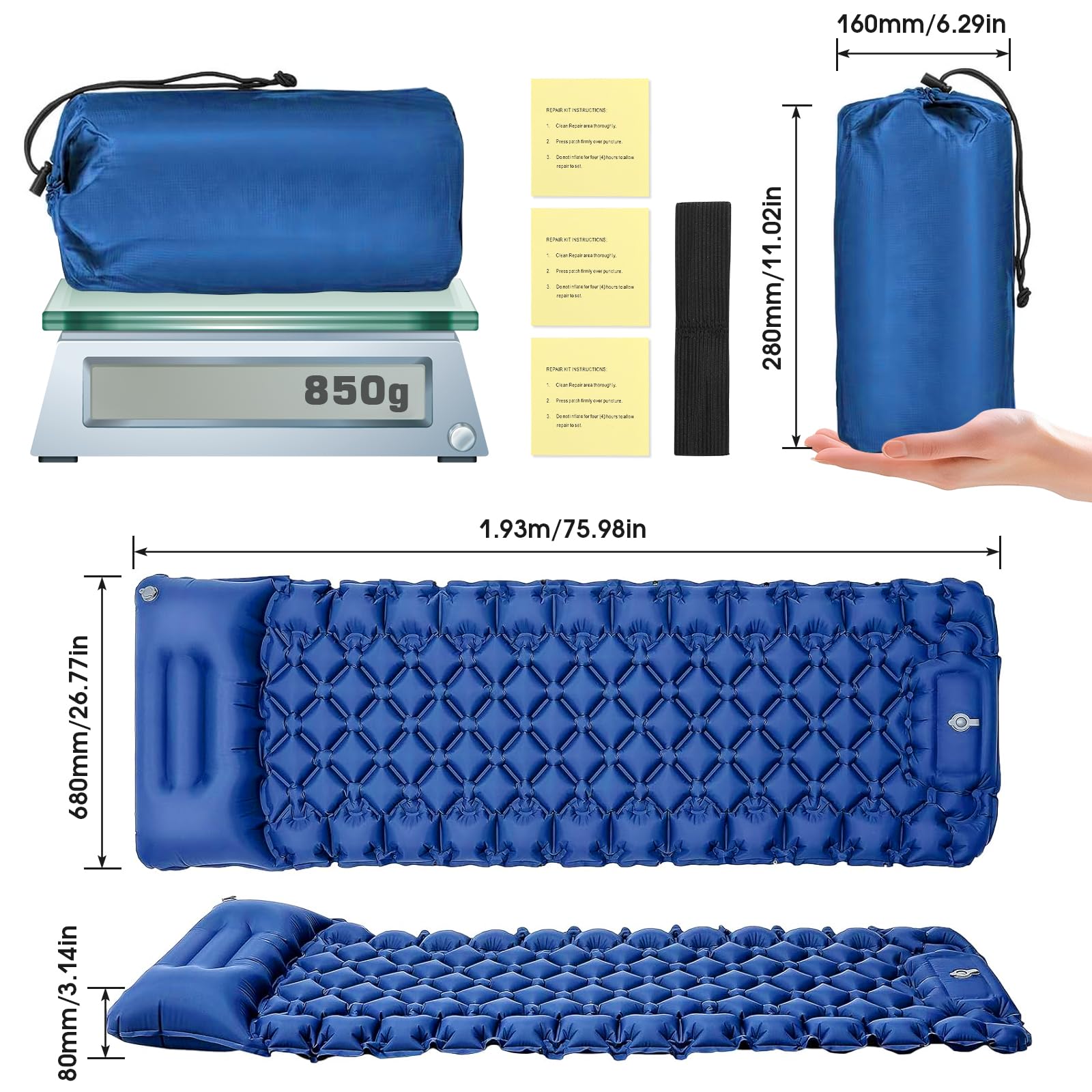 Raxfekro Camping Isomatte Luftkissen, 8cm Dicke Outdoor Selbstaufblasbare Luftmatratze, Luftmatratze mit Fußpresse Pumpe und Kissen für Wandern, Reise, Strand
