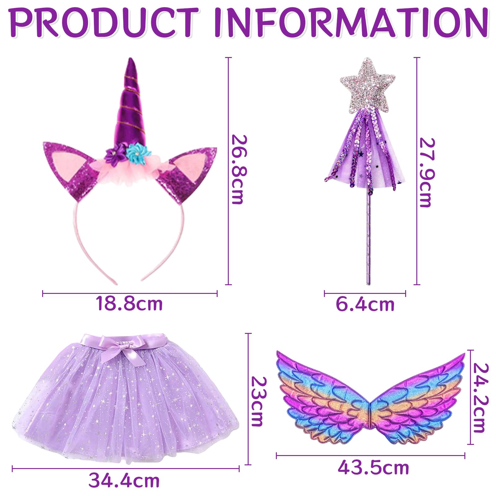 AQXONG 4 Pcs Disfraz Unicornio Niña, Conjunto de Cosplay de Unicornio, Disfraces de Fiesta de Unicornio, Faldas de Niña para Niñas de 3 a 8 Años - 3