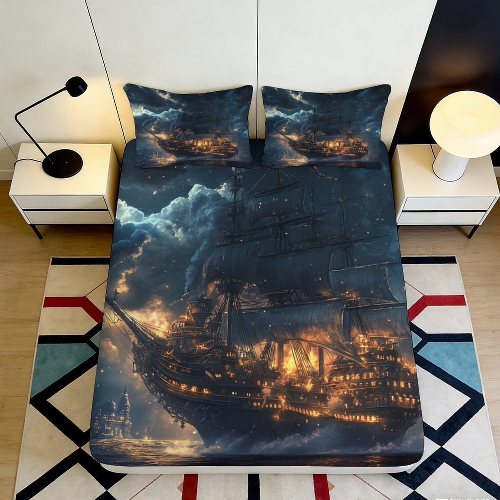 3D Printed Pirate Ship Night Sky Fitted Sheet Microfiber Soft Mattress Cover for Bedroom Dorm Decoration 118 160x200x25cm