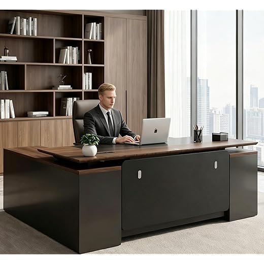 78" L Shaped Executive Desk with File Cabinet Drawers Outlet USB, Dual-Motor Adjustable-Height Modern Executive Desk with Privacy Panel for Boss Managers Office Home Walnut & Black
