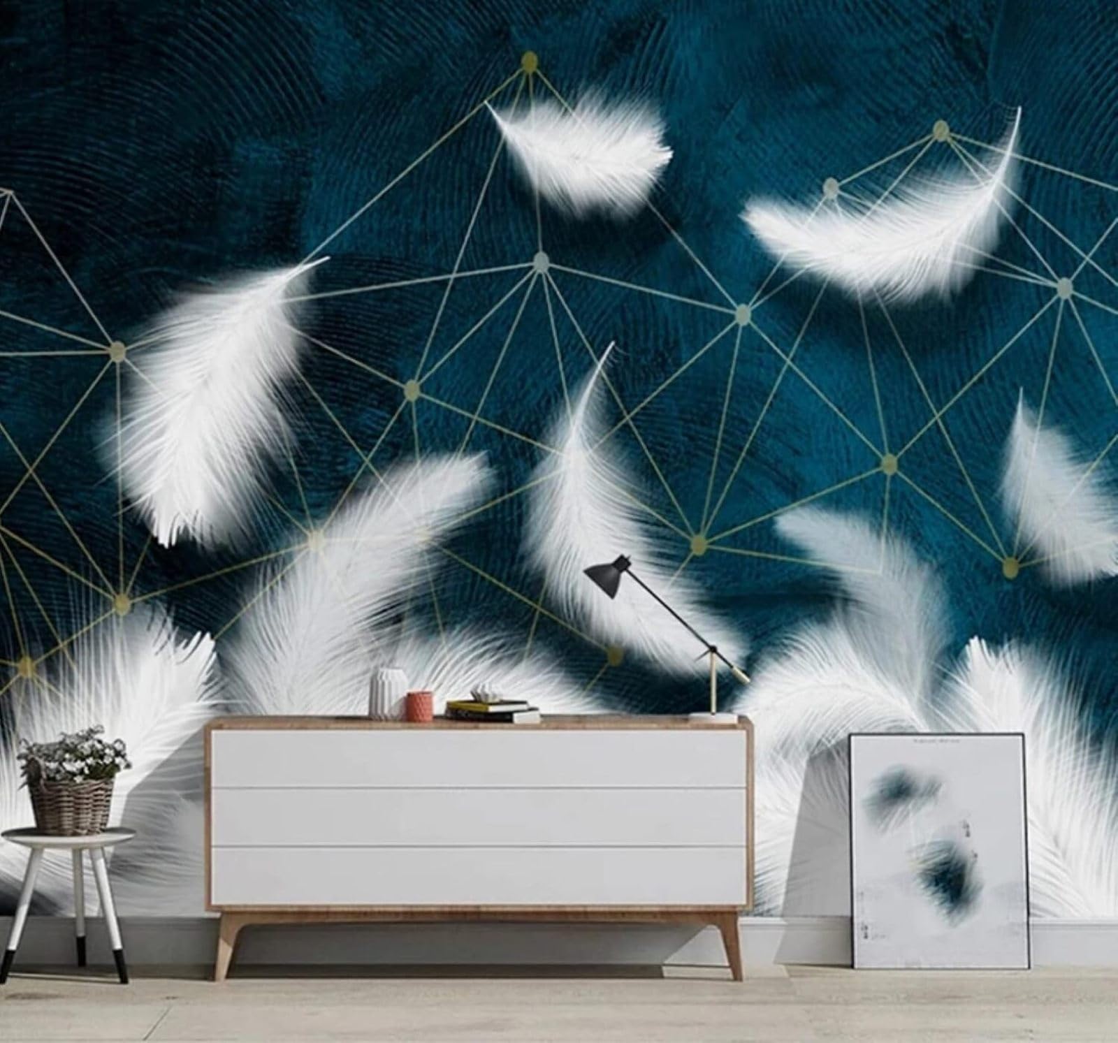 Minimalist Geometric Lines White Feathers 3D Wallpaper Easy Install Feature Office Living Room Sofa Bedroom TV Background Wall Decoration-350cm×256cm