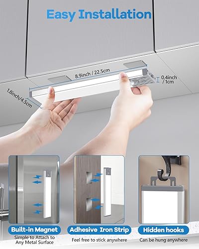 Miniatura 6 de HIBOITEC Iluminación para debajo del gabinete, 40 luces LED recargables para armario, funciona con pilas, luces regulables con sensor de movimiento