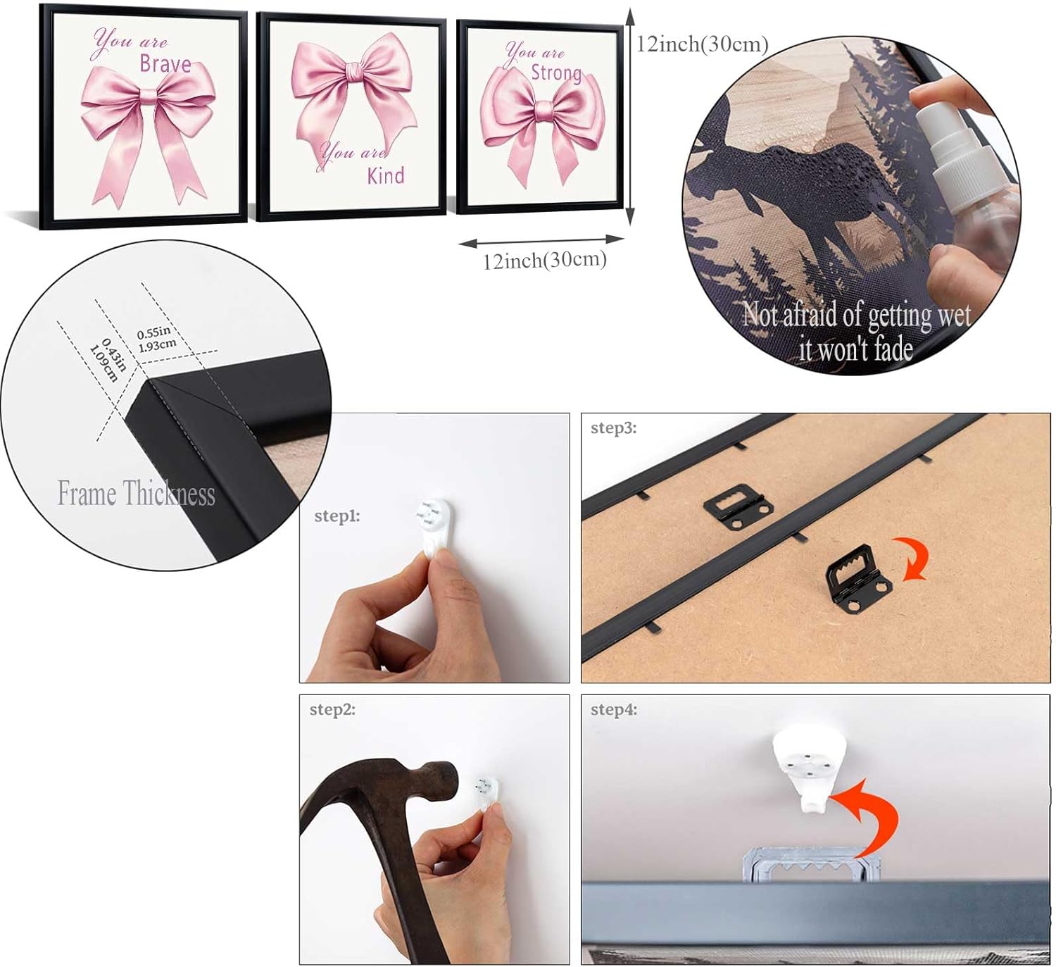 WELMECO Bow Wall Decor Girls Positive Inspirational Framed Wall Art Set, Bow Painting Picture Art Print Teen Bedroom Bathroom Decor, Black Frame, 12x12inchx3 Pieces Ready to Hang (Pink)