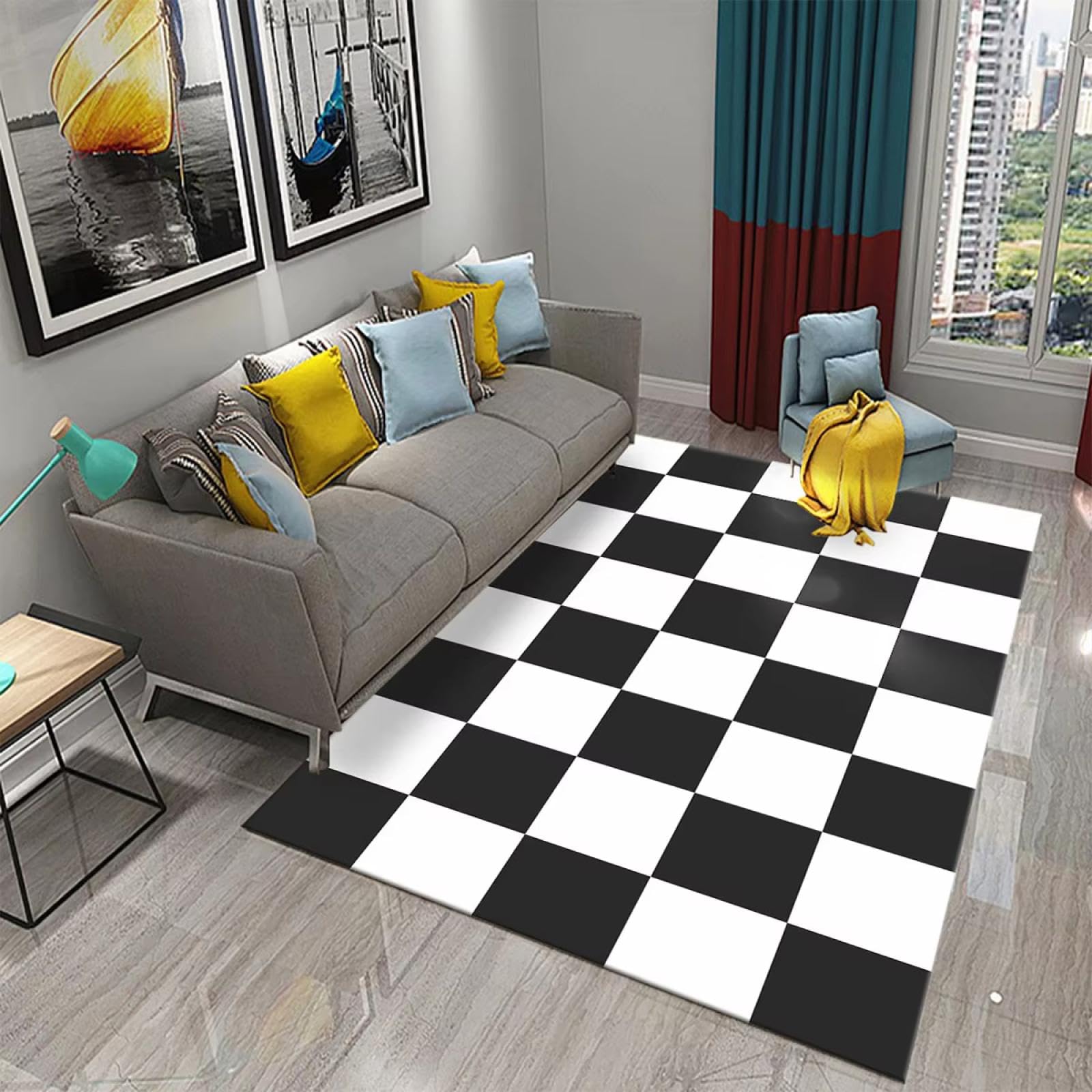 Alfombra de entrada con geometría moderna blanca y negra estilo marroquí