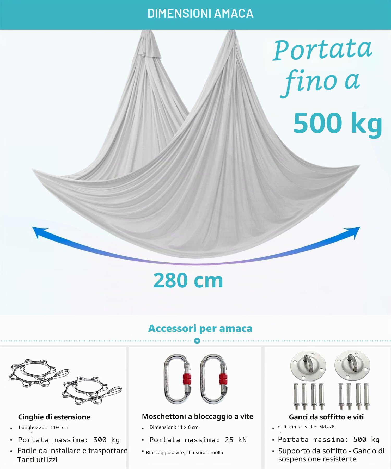 Yoga Set per Adulti, Accessori per Yoga, Carico 500 kg, Incluso Hardware di Installazione Completo