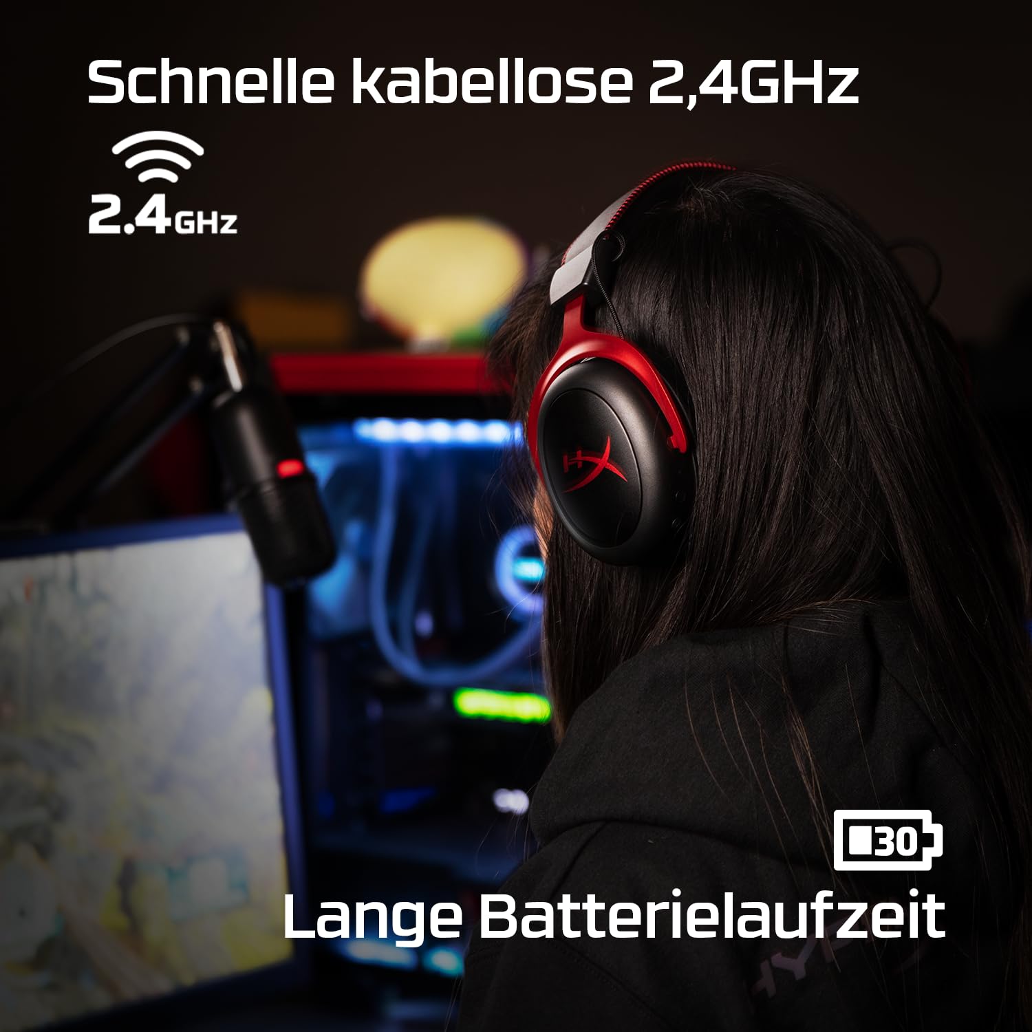 HyperX Cloud II Wireless Gaming-Headset, 2,4-GHz, 30 Std. Akku, 20 m Reichweite, DTS Headphone Spatial Audio, 53-mm-Treiber, HyperX Komfort, abnehmbares Mikrofon, Schwarz-Rot