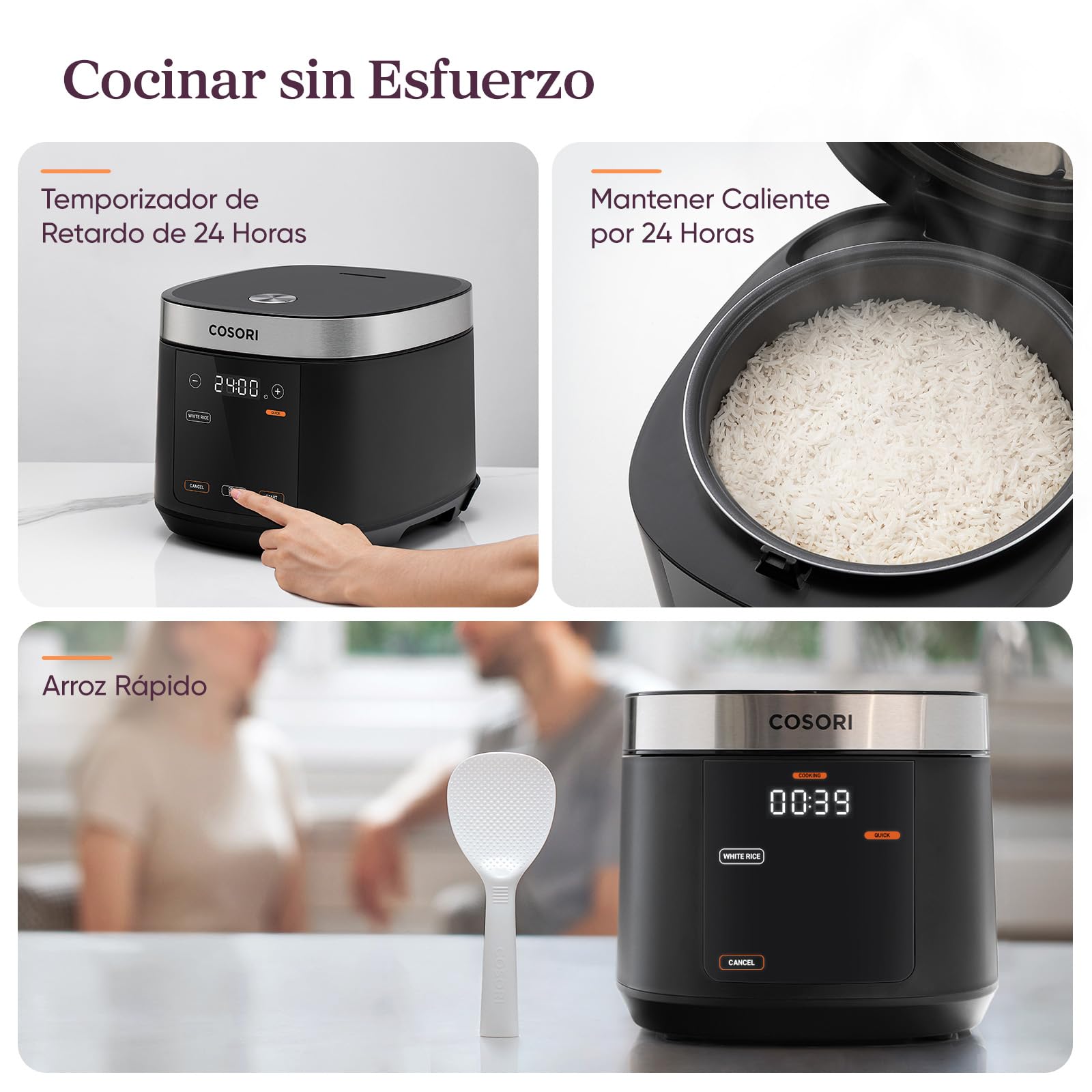 COSORI Arrocera Electrica 1,8 L para 1-10 Personas, 17 Programas, Incluye 50 Recetas, Lógica Difusa, Vaporera con Inserto de Acero Inoxidable, Mantener Caliente, Temporizador