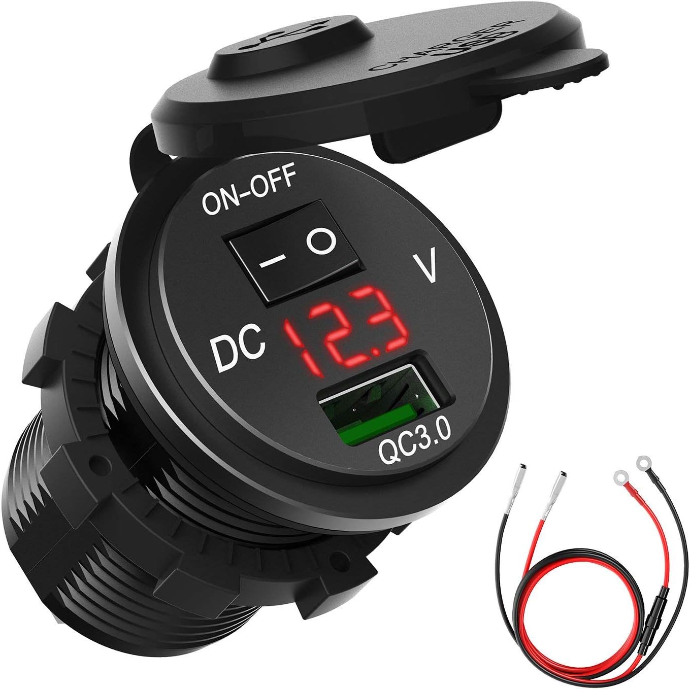 USB Charger Socket, CHGeek 18W 12V/24V Quick Charge 3.0 USB Car Charger Power Outlet Adapter Waterproof with On Off Switch LED Digital Play for Car RV ATV Boat Marine Motorcycle