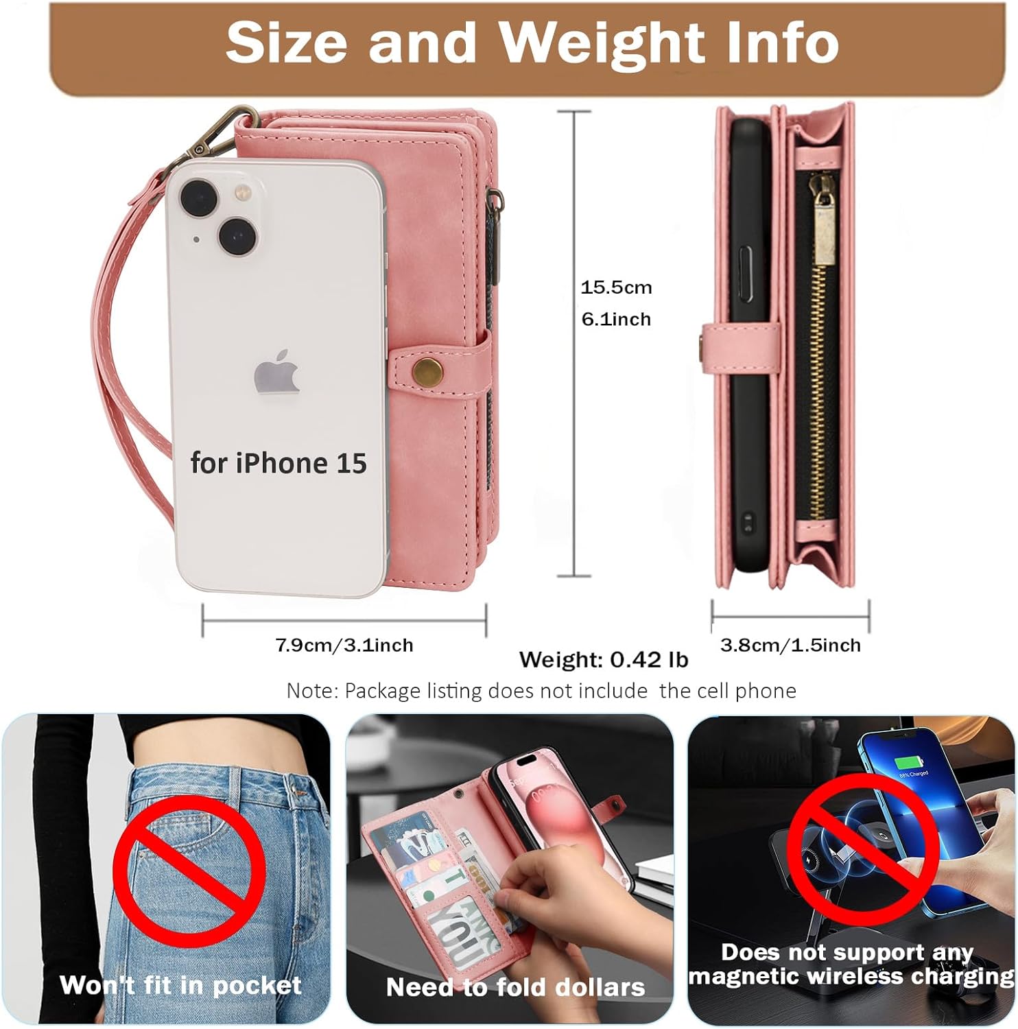 TwoHead Wallet Case Compatible with iPhone 15,Detachable Magnetic Phone Case,PU Leather All-Round Protective Case Wallet with Card Holder,6.1 in,Pink