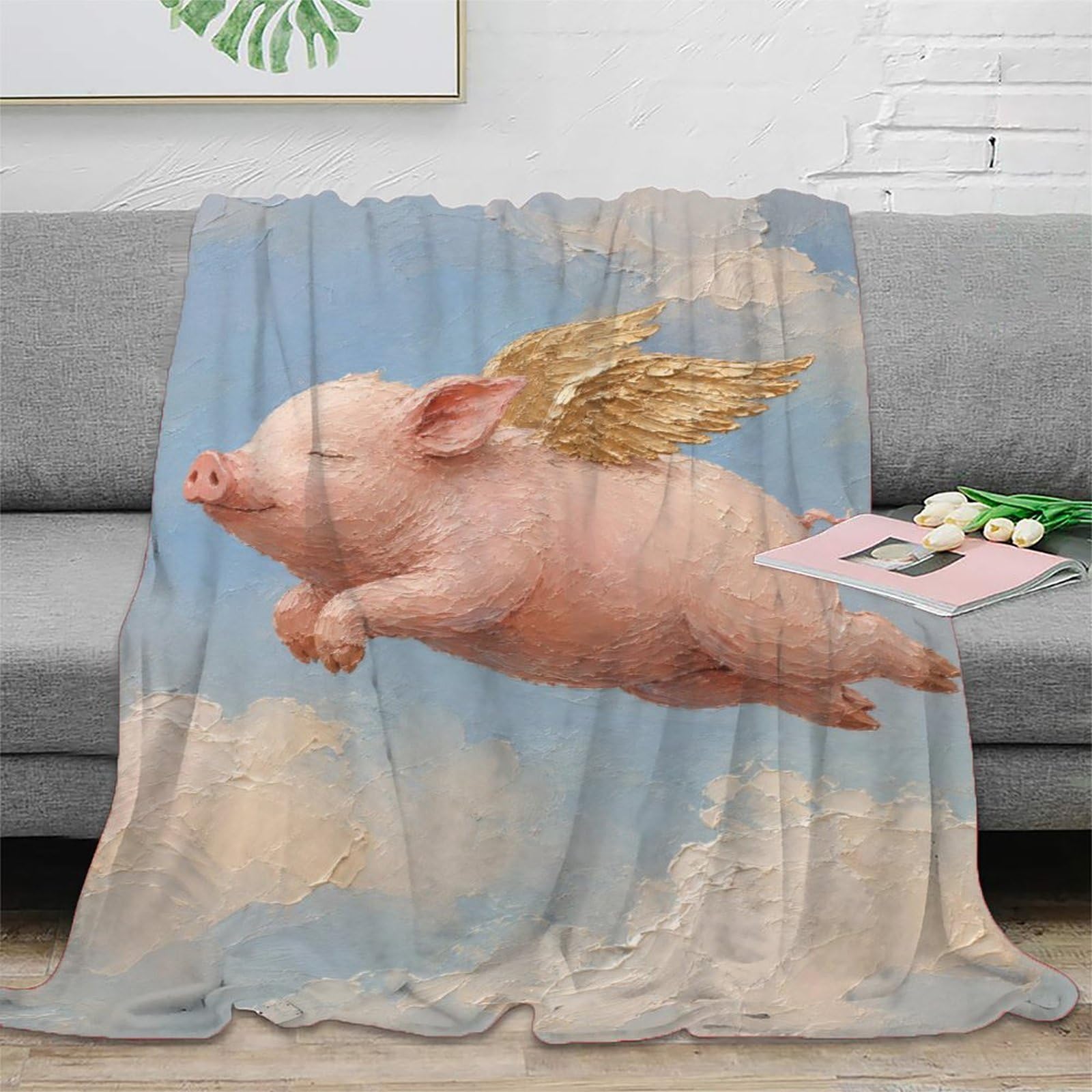 W7C8U2X3 Flying Pig Golden Wings Throw Blanket, Flannel, Travel