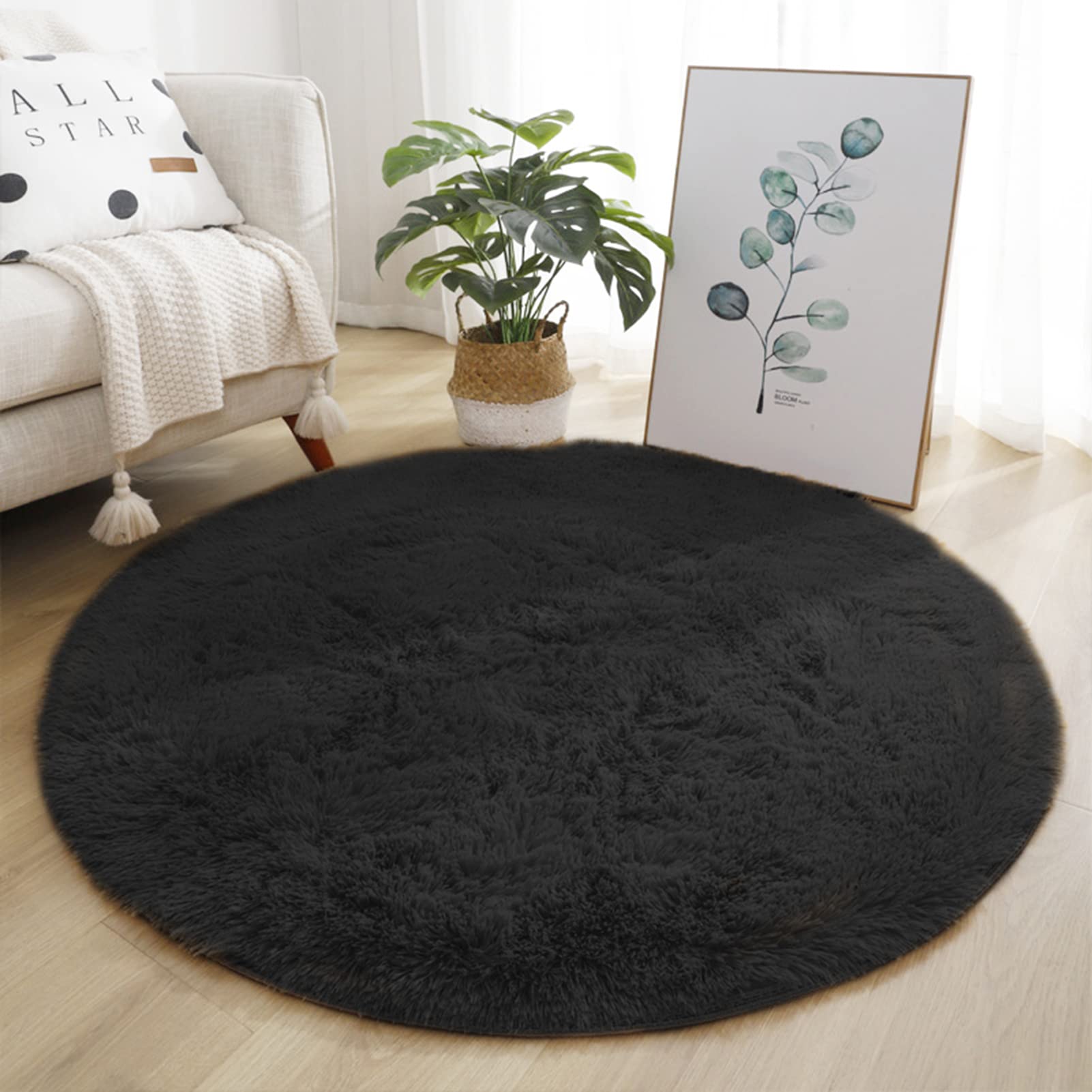 Lifup Alfombra Pelo Largo Mullidas Suaves, Alfombrilla Redonda Antideslizante para Salon Dormitorio Negro 200 cm